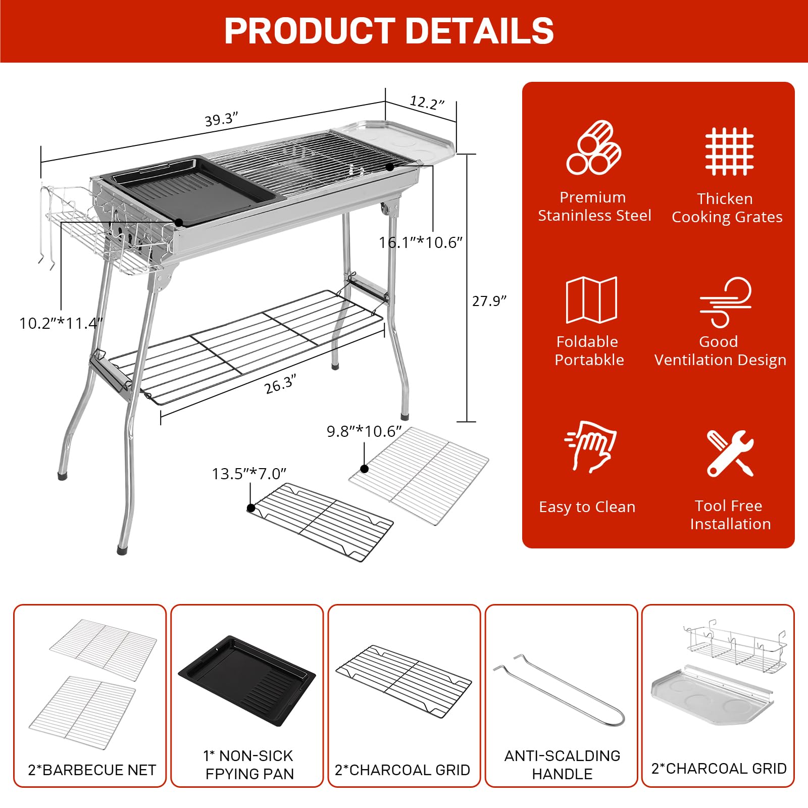 ROVSUN 39" Portable Stainless Steel Charcoal Grill Foldable