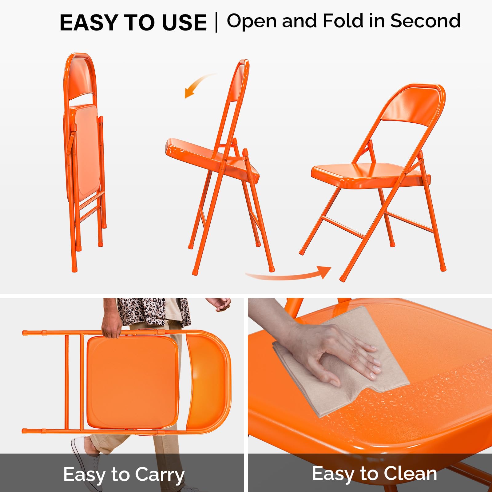 VINGLI Folding Chairs with All Steel Metal Frame Orange