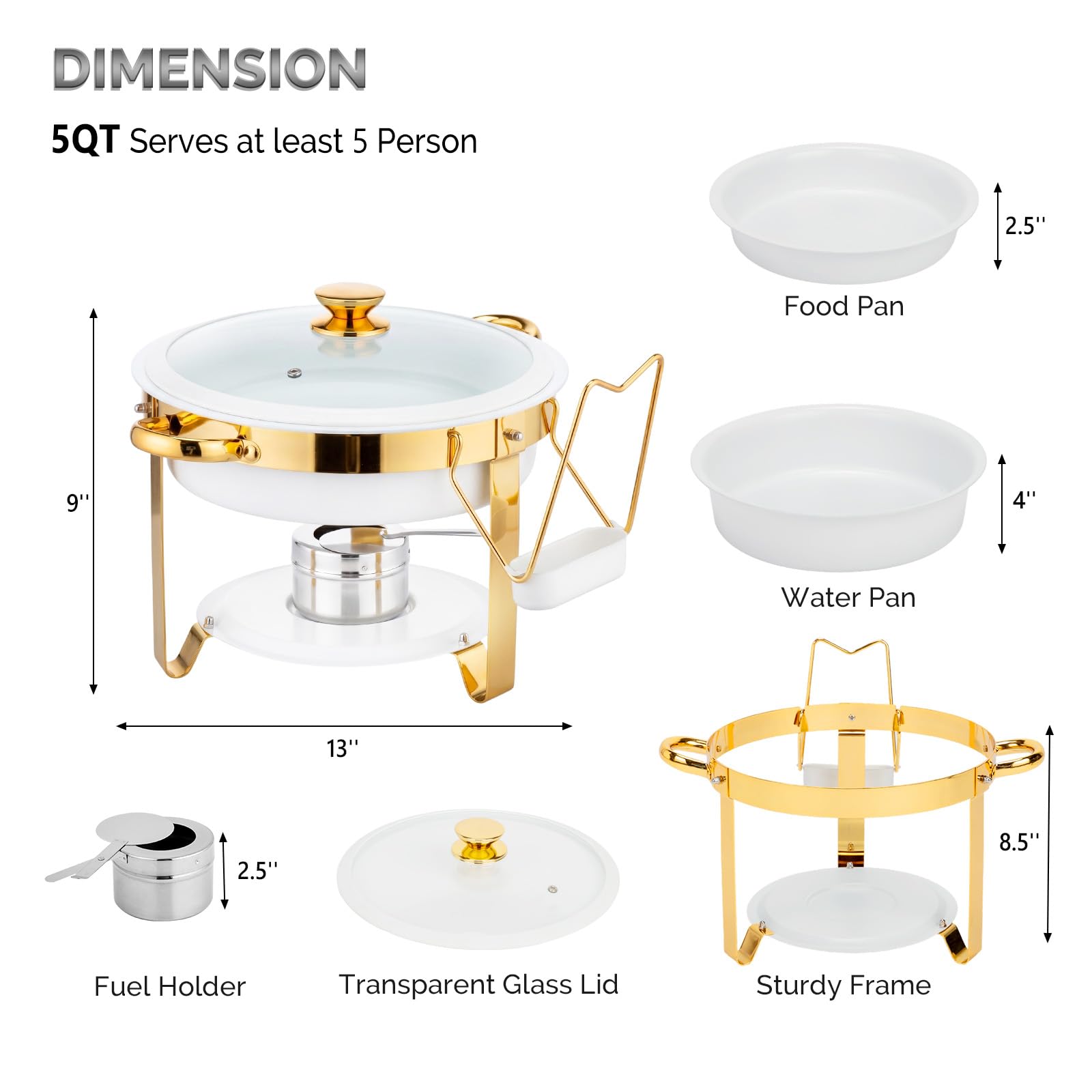 ROVSUN 5 QT Round White-Gold Chafing Dish Buffet Set with Lid Holder