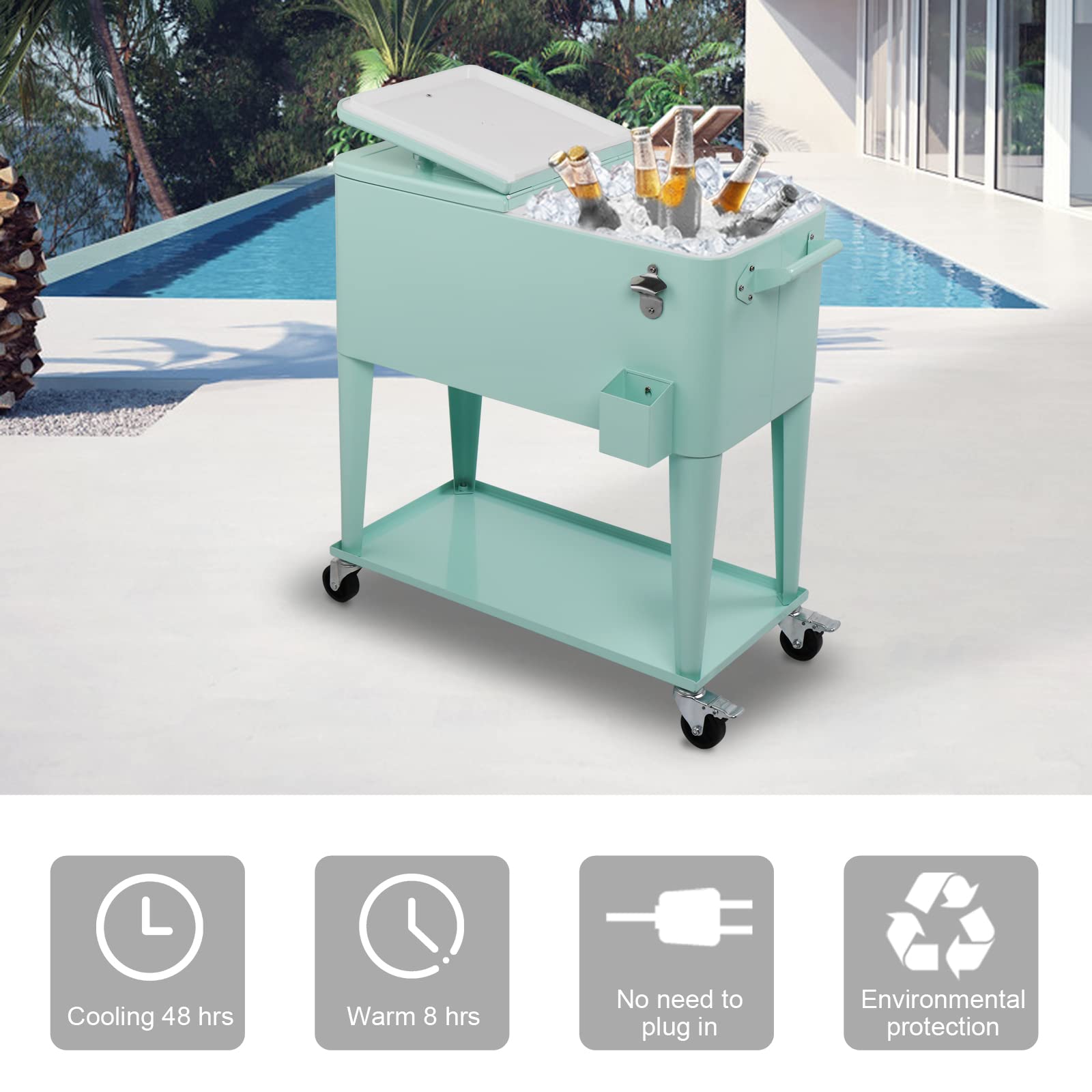 80 Quart Portable Outdoor Patio Rolling Cooler Cart Green