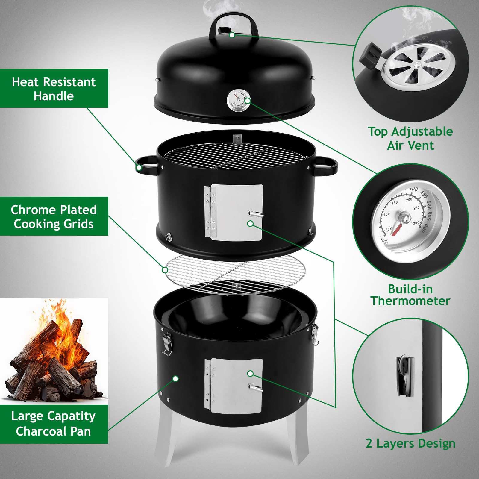 3-in-1 Vertical Charcoal Grill Outdoor BBQ Charcoal Smoker