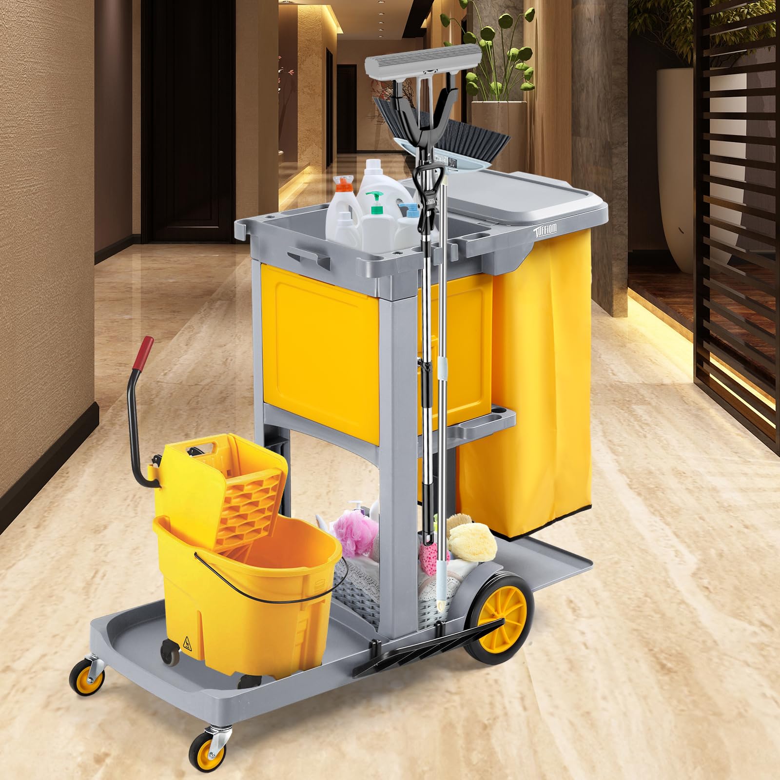 3-Tier 500 LBS Capacity Janitorial Cart with Locker & 15 Gallon Bag Grey