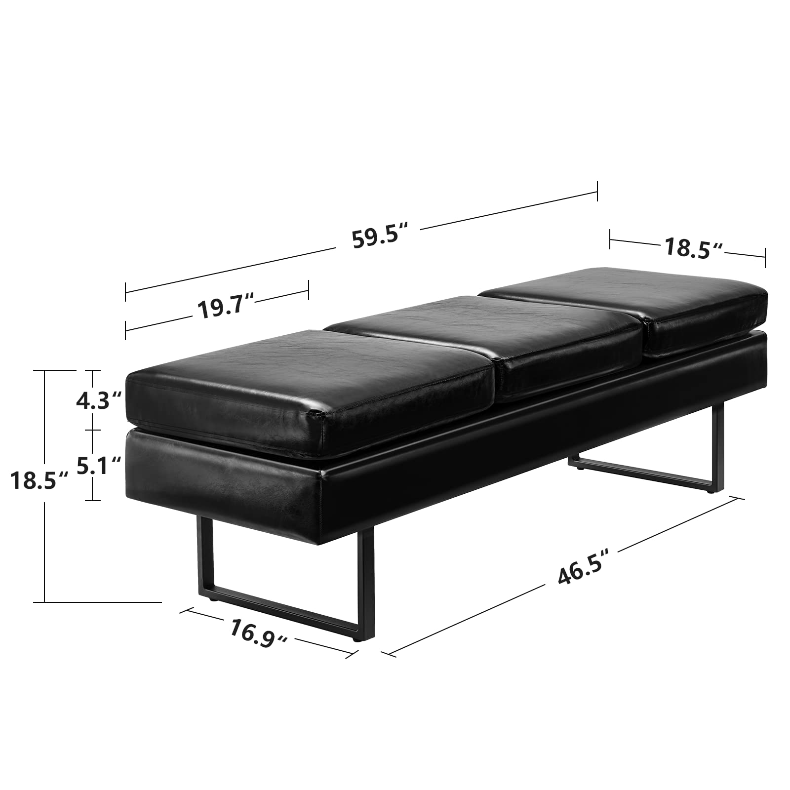 59.5" Waiting Chair Bench Seating Faux Leather Black