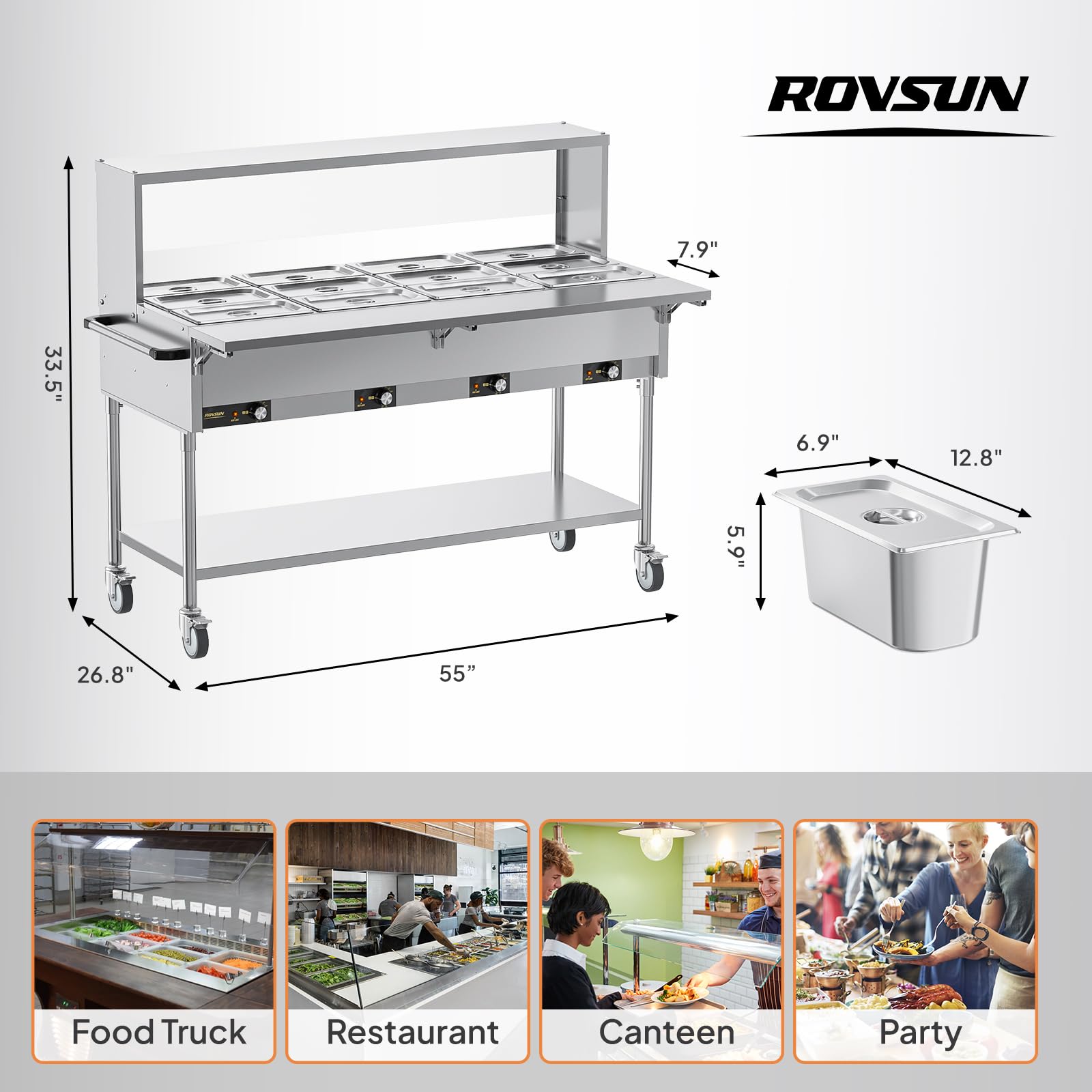 ROVSUN 96 QT 12-Pan Electric Steam Table with Independent Temp Control