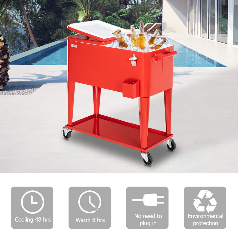 80 Quart Portable Outdoor Patio Rolling Cooler Cart Red