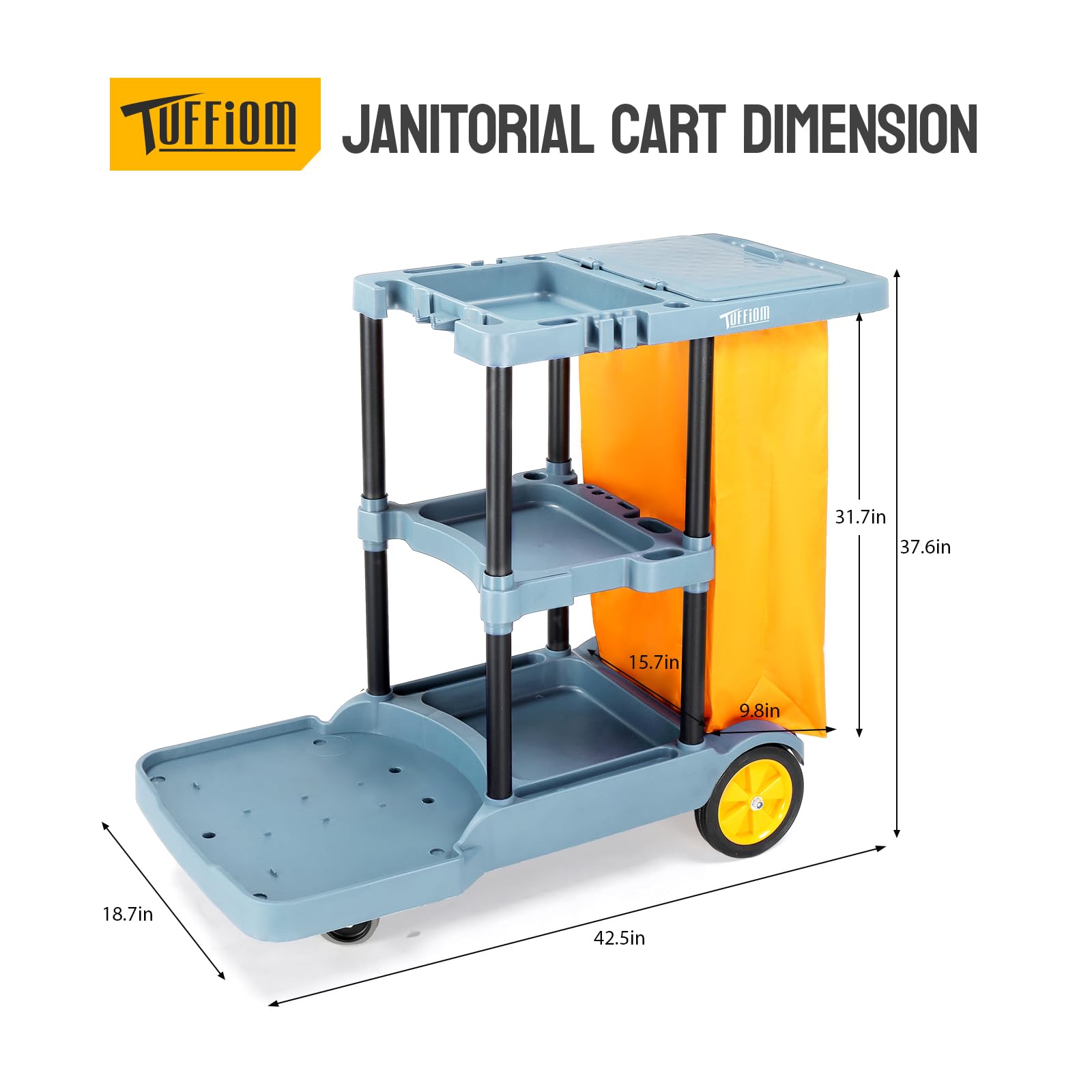 3-Tier 500 LBS Capacity Janitorial Cart with 22 Gallon Bag Blue