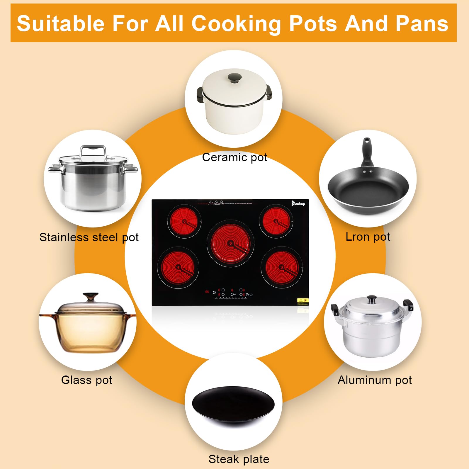 30" 5 Burners 7600W 220V Electric Ceramic Cooktop