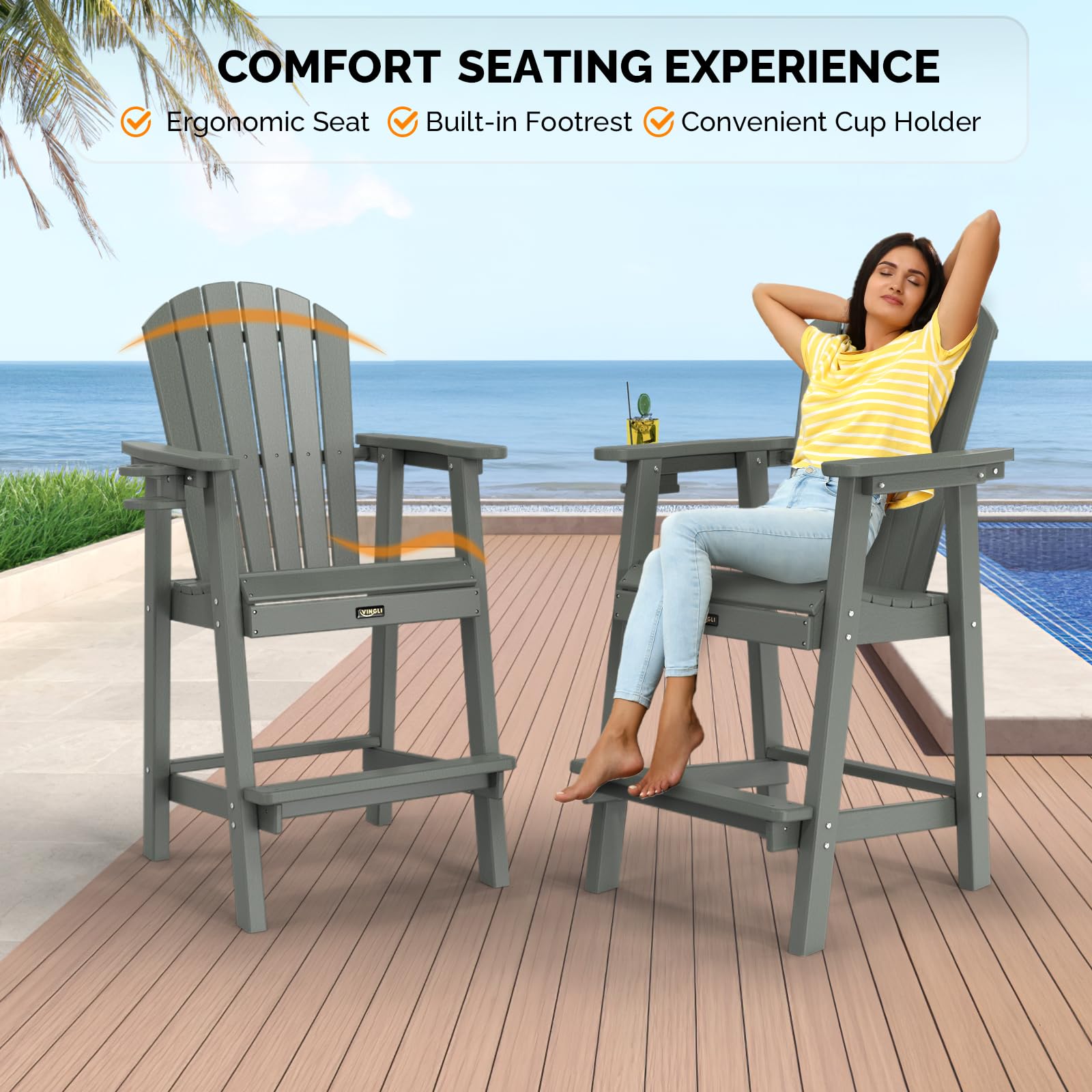 VINGLI HDPE Adirondack Bar Stool with Cup Holder Grey