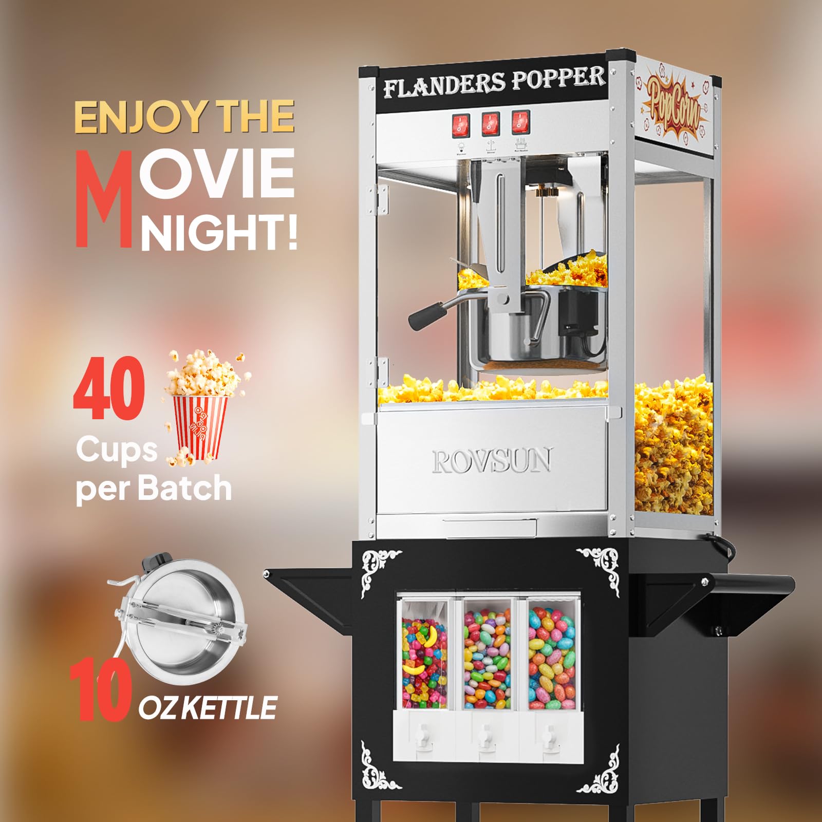 ROVSUN 10 oz Kettle 800W 120V Popcorn Machine Cart with Candy Dispenser Black