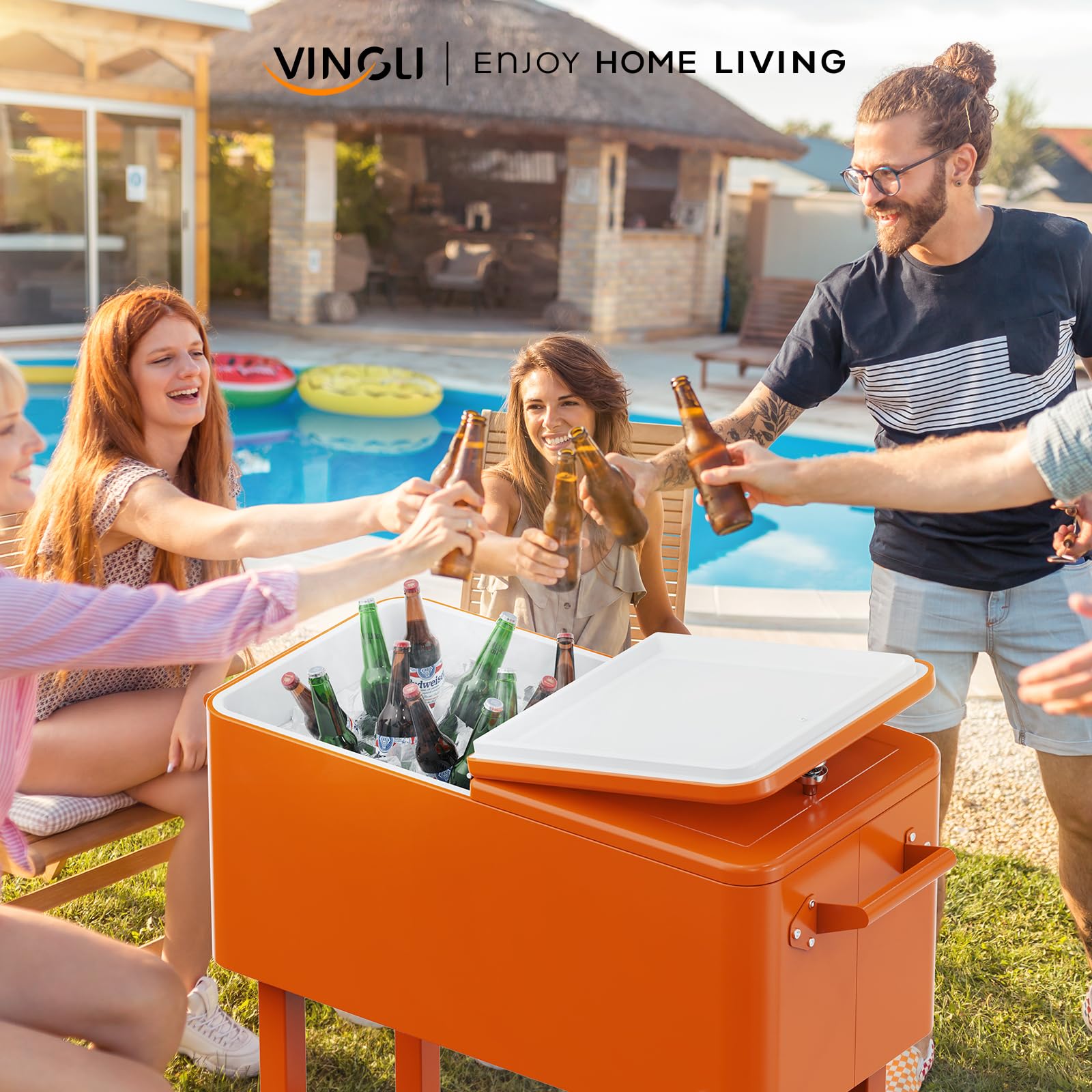 80 Quart Portable Outdoor Patio Rolling Cooler Cart Orange