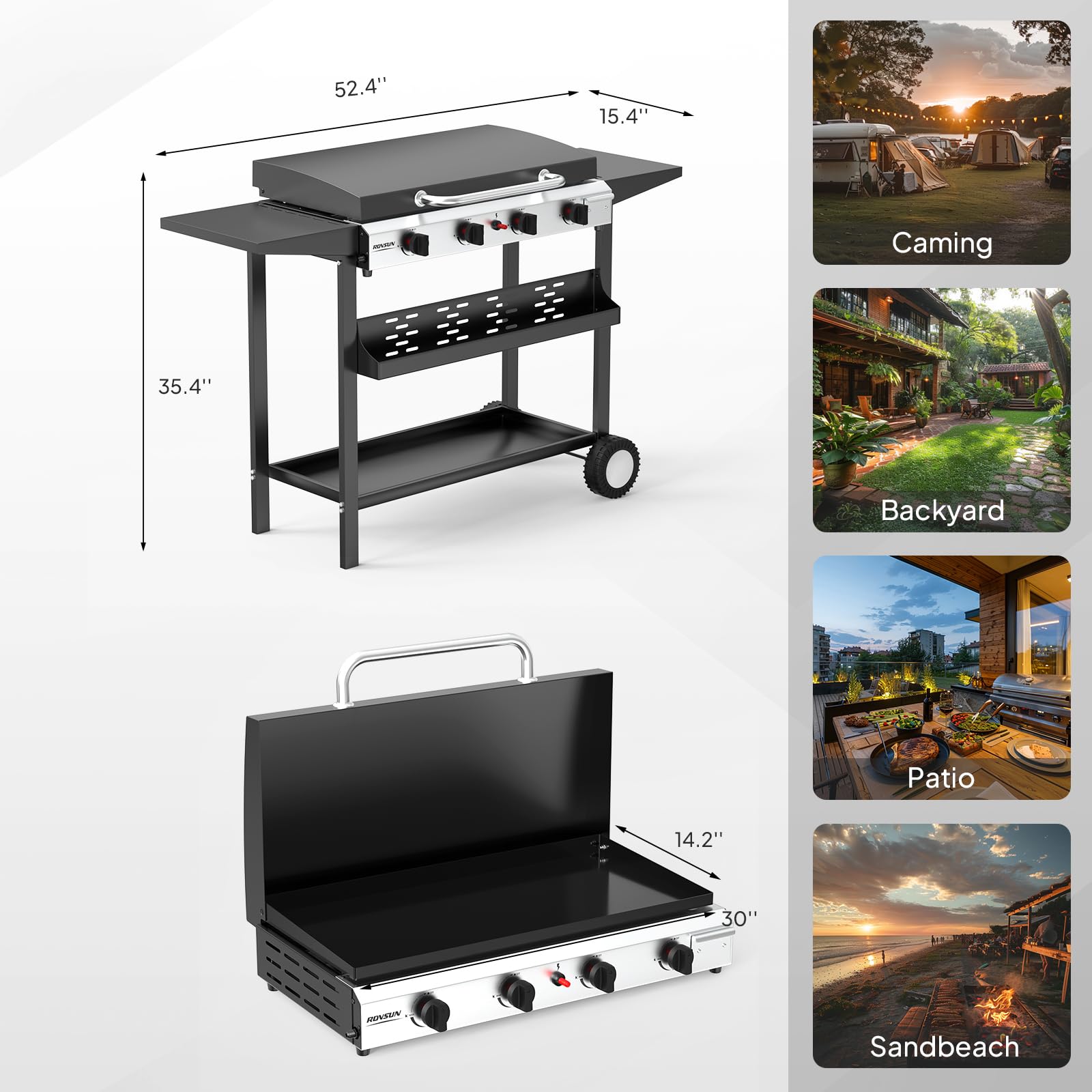 ROVSUN 4 Burner 40,000 BTU Portable Propane Rolling Flat Top Gas Grill with Stand & Lid