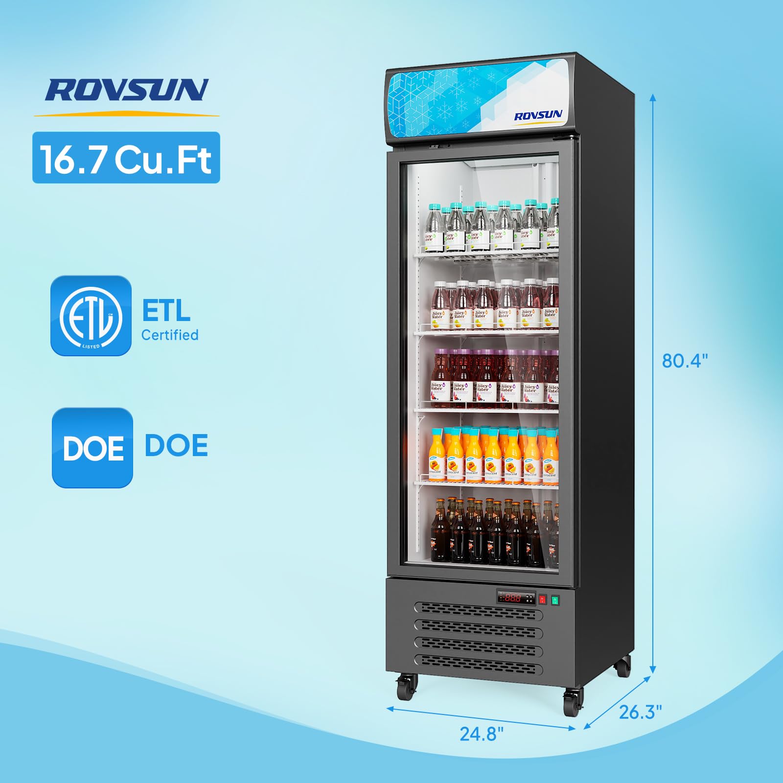 ROVSUN 25" 17 Cu.Ft. Black Glass Door Merchandising Refrigerator
