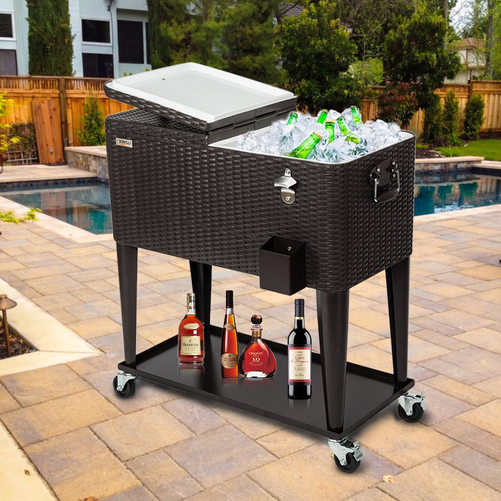 80 Quart Portable Outdoor Patio Rolling Cooler Cart Black Brown