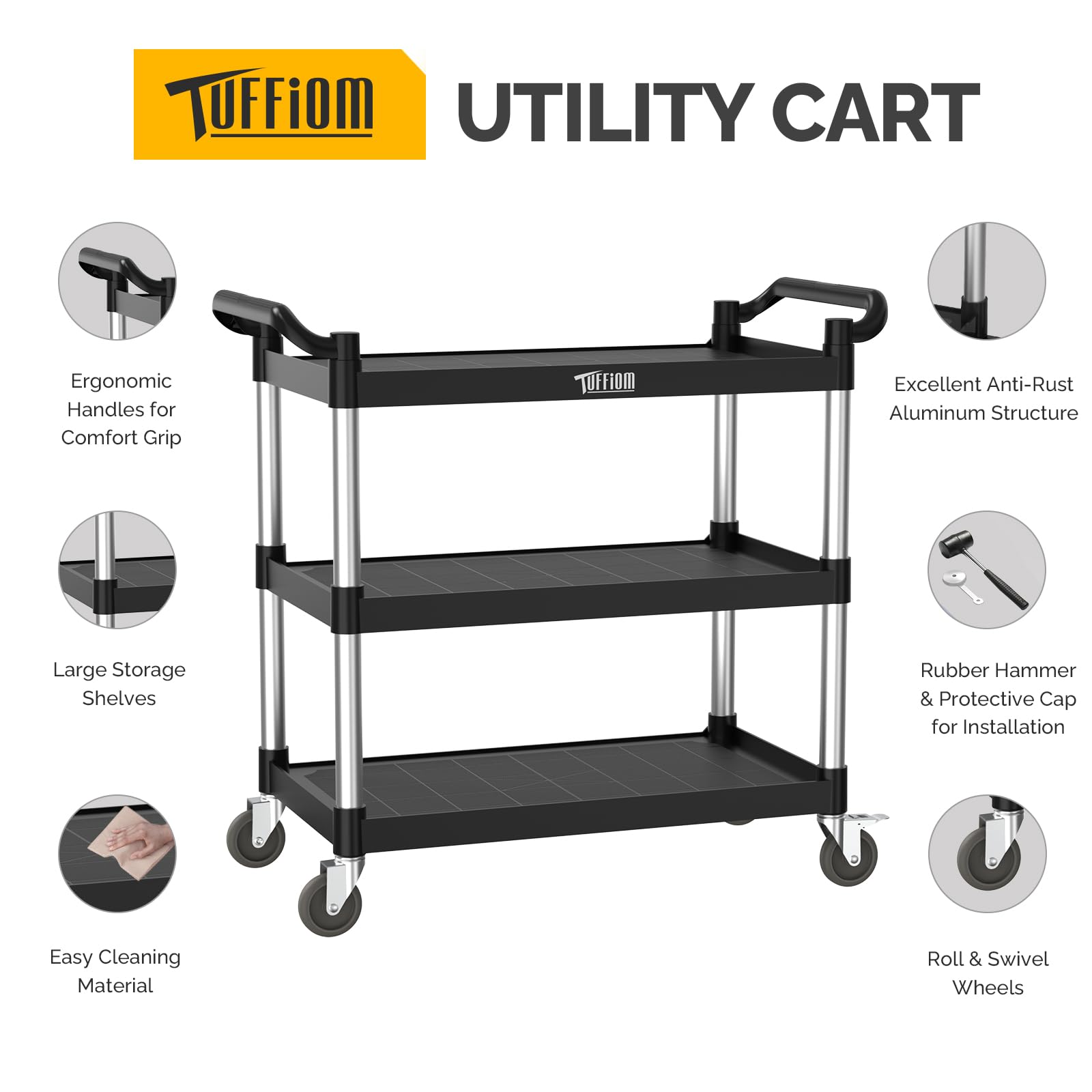 3-Tier 40" x 20" 450 lb. Capacity Plastic Utility Cart/Bussing Cart Black