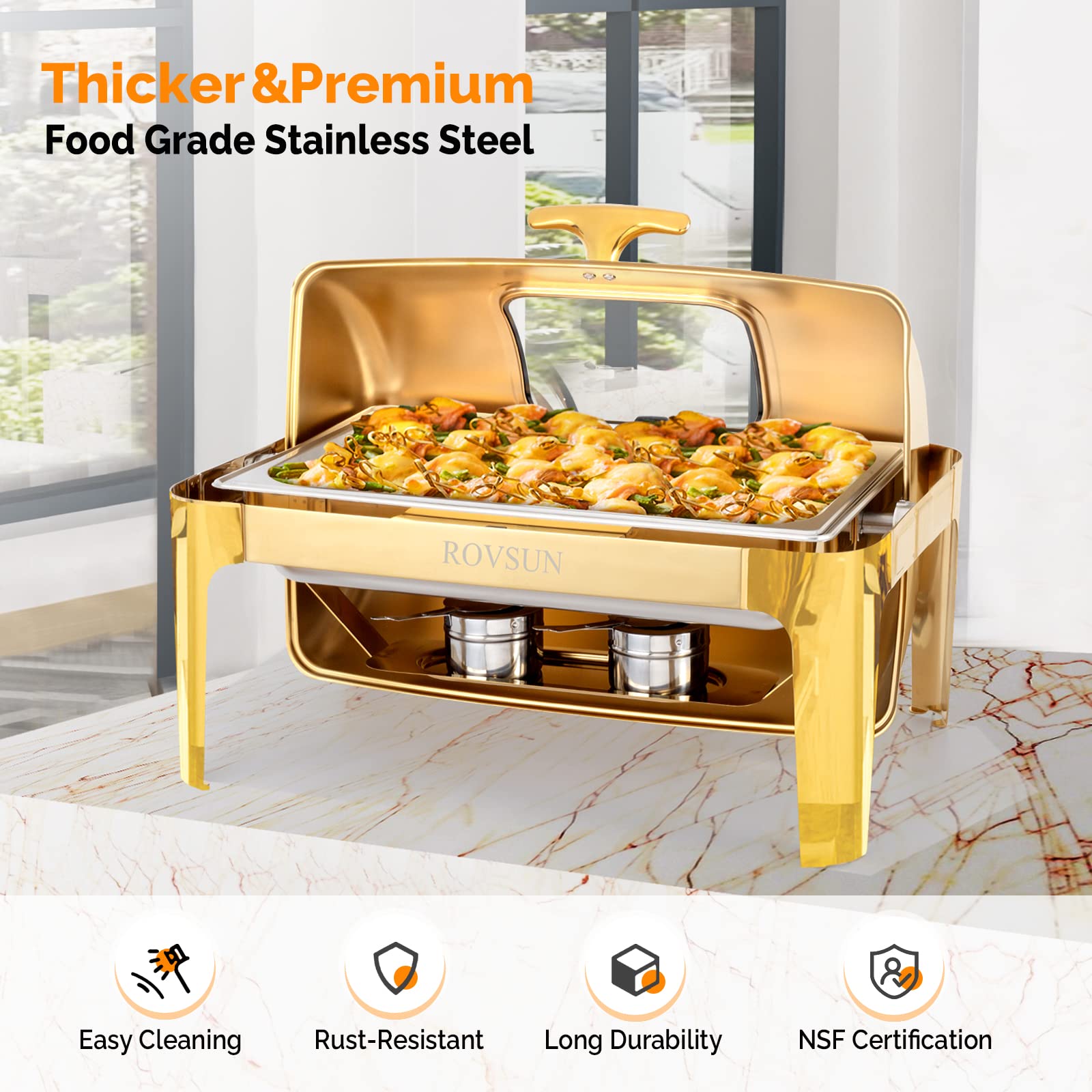 ROVSUN 9 QT Roll Top Rectangle Gold Chafing Dish Set with Visible Window