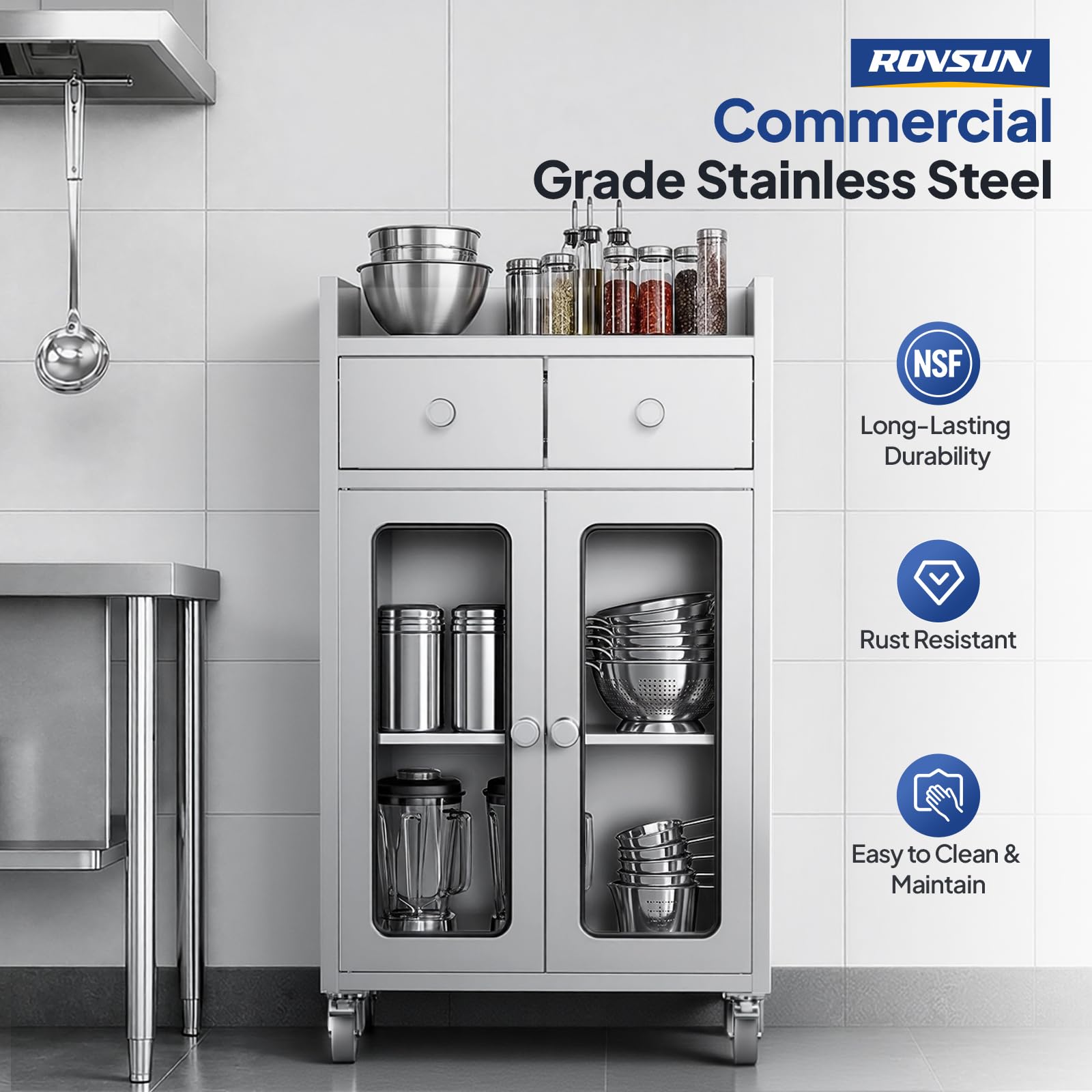 ROVSUN 24" x 16" Stainless Steel Table with Drawers & Wheels
