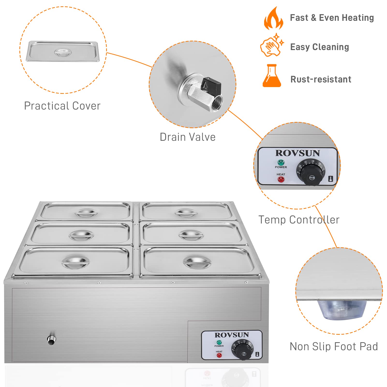ROVSUN 42.3 QT 1200W 110V 6-Pan Electric Steam Table Food Warmer Countertop