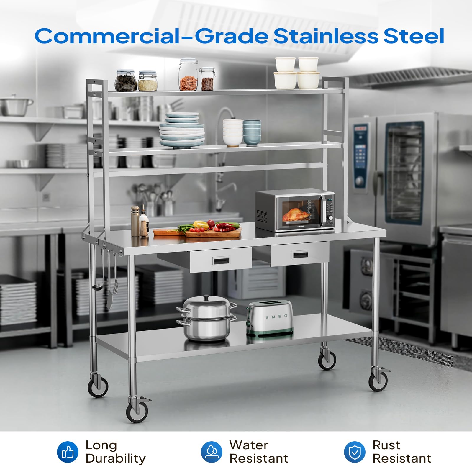 ROVSUN 48" X 24" Stainless Steel Table with Wheels & Drawers