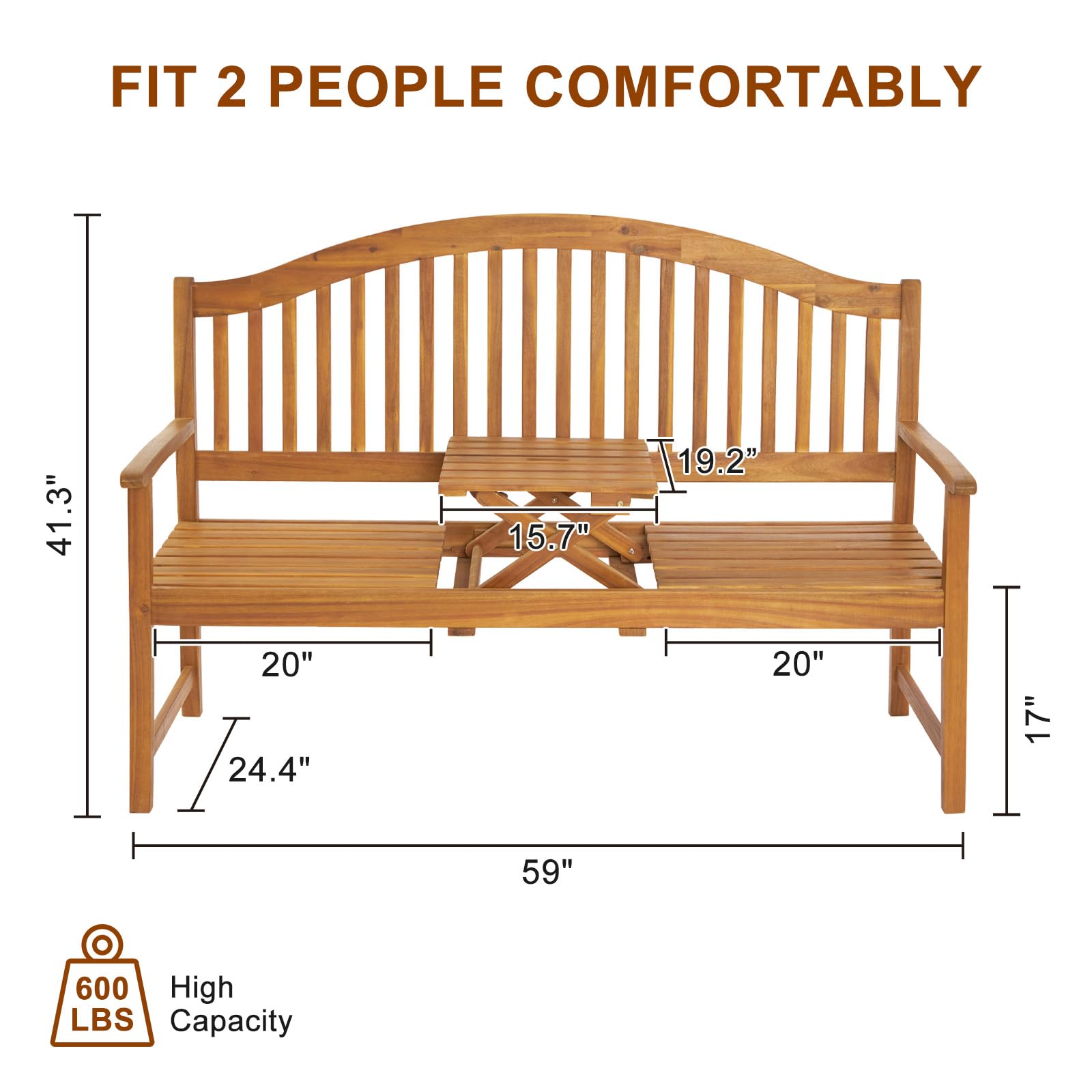 59" Outdoor Bench Wood with Built in Table
