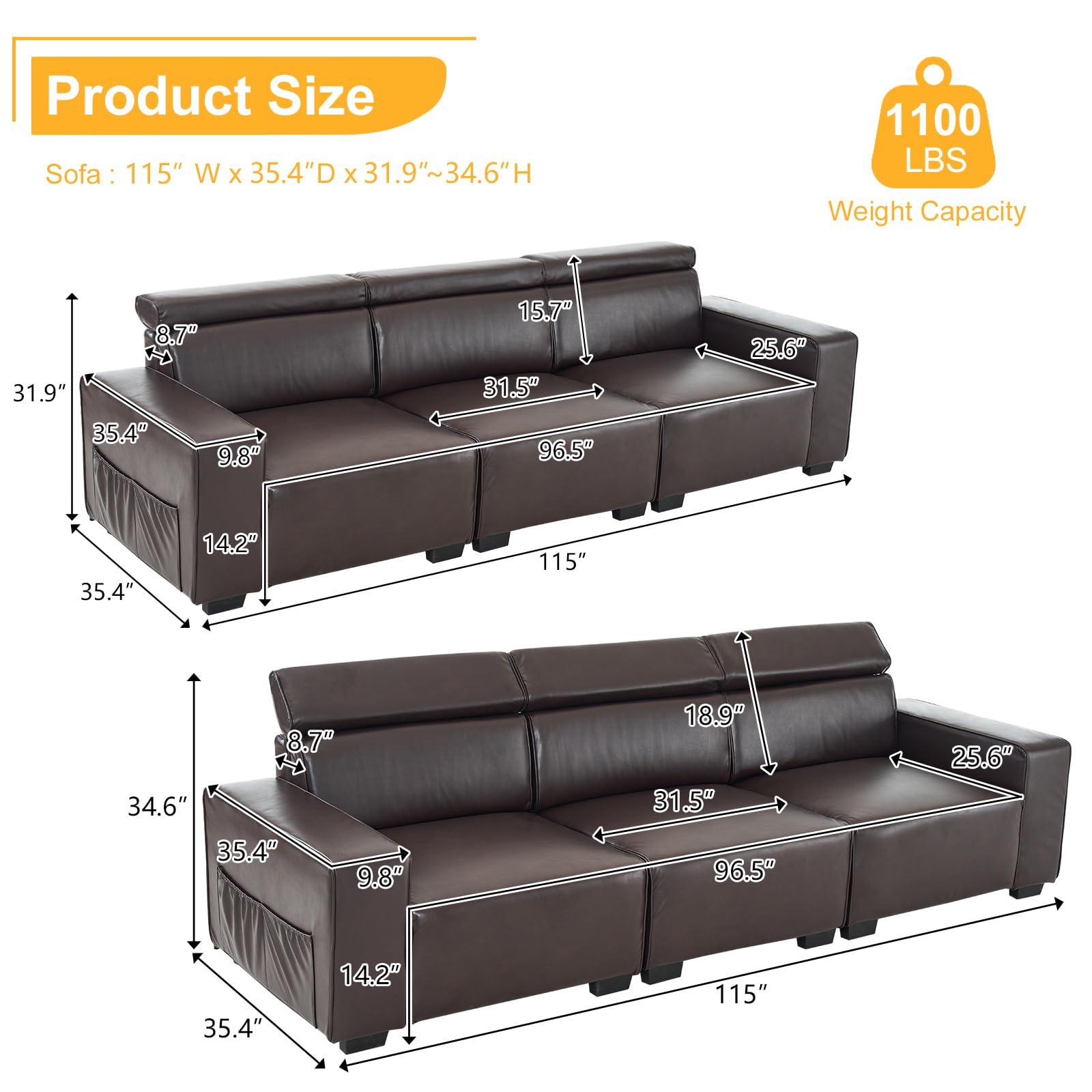 115" 3 Seater Waiting Sofa with Adjustable Headrest PU Leather Brown