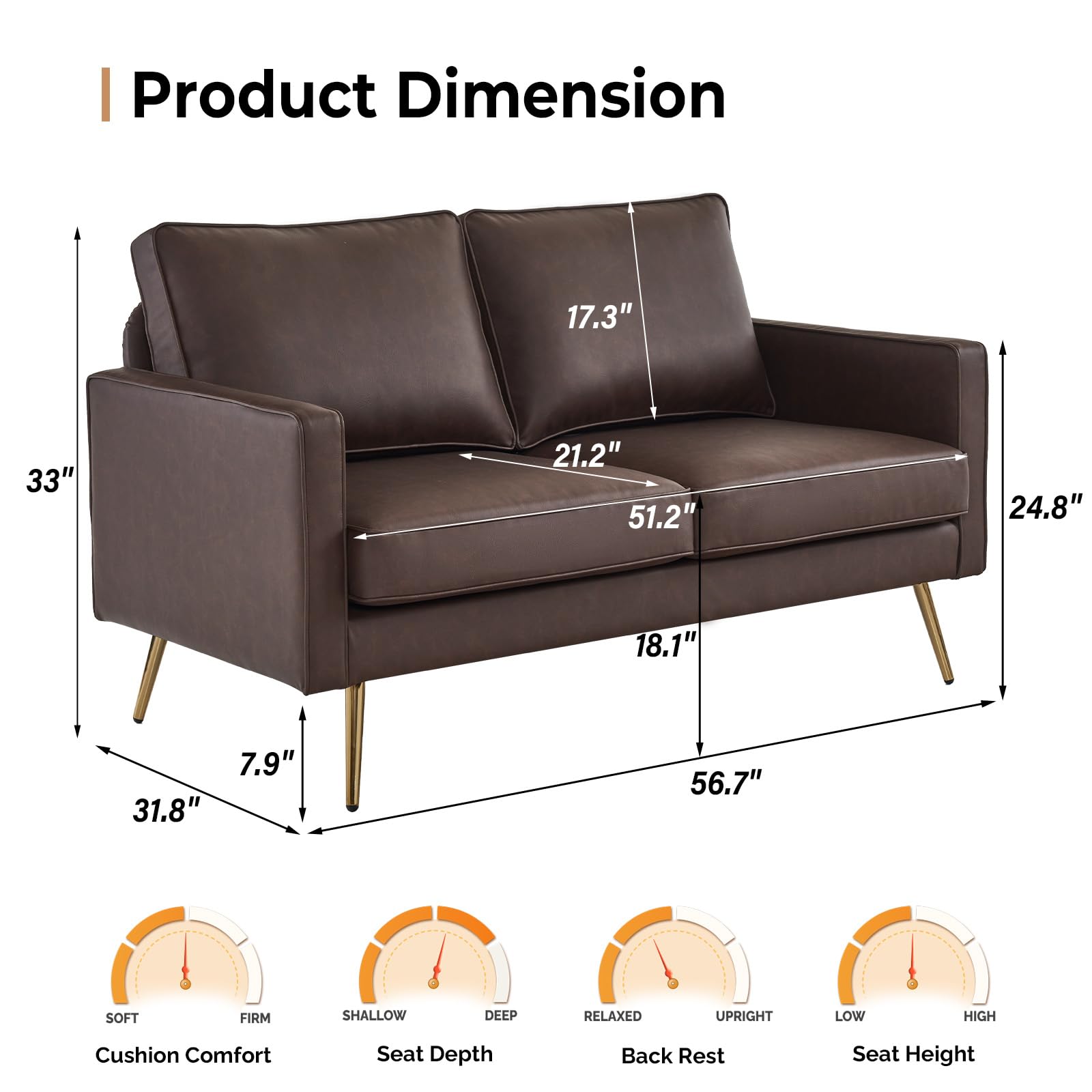56" 2 Seater Waiting Sofa with Deep Seat PU Leather Dark Brown