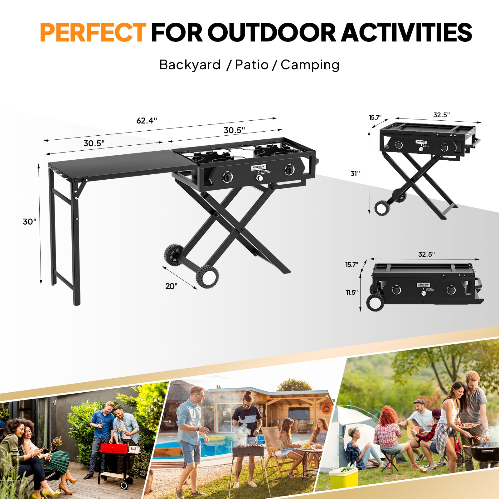 ROVSUN 2 Burner 150000 BTU Foldable Gas Stove with Side Table