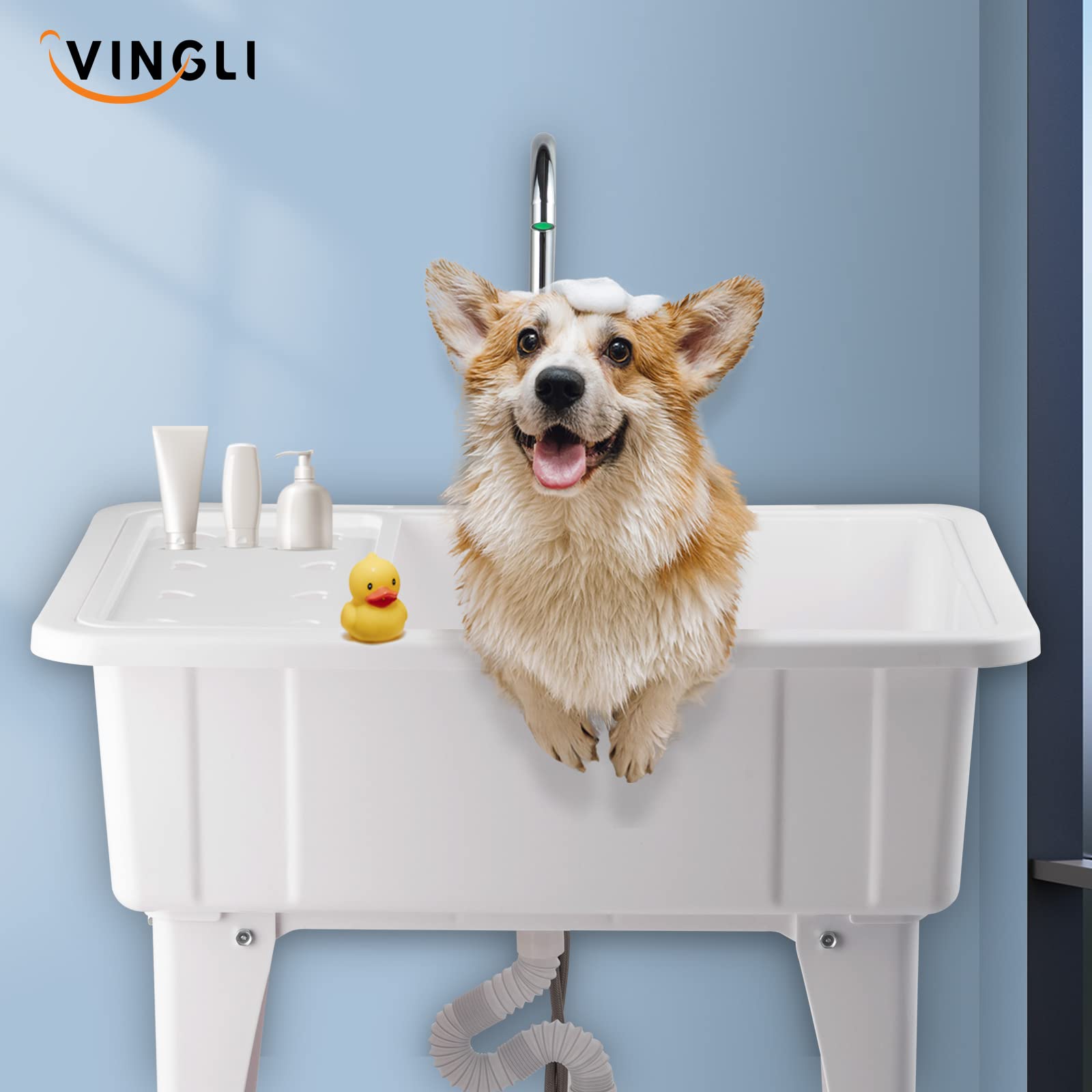 ROVSUN 32" x 22" Utility Sink Laundry Tub with Faucet & Shelf & Drainboard White