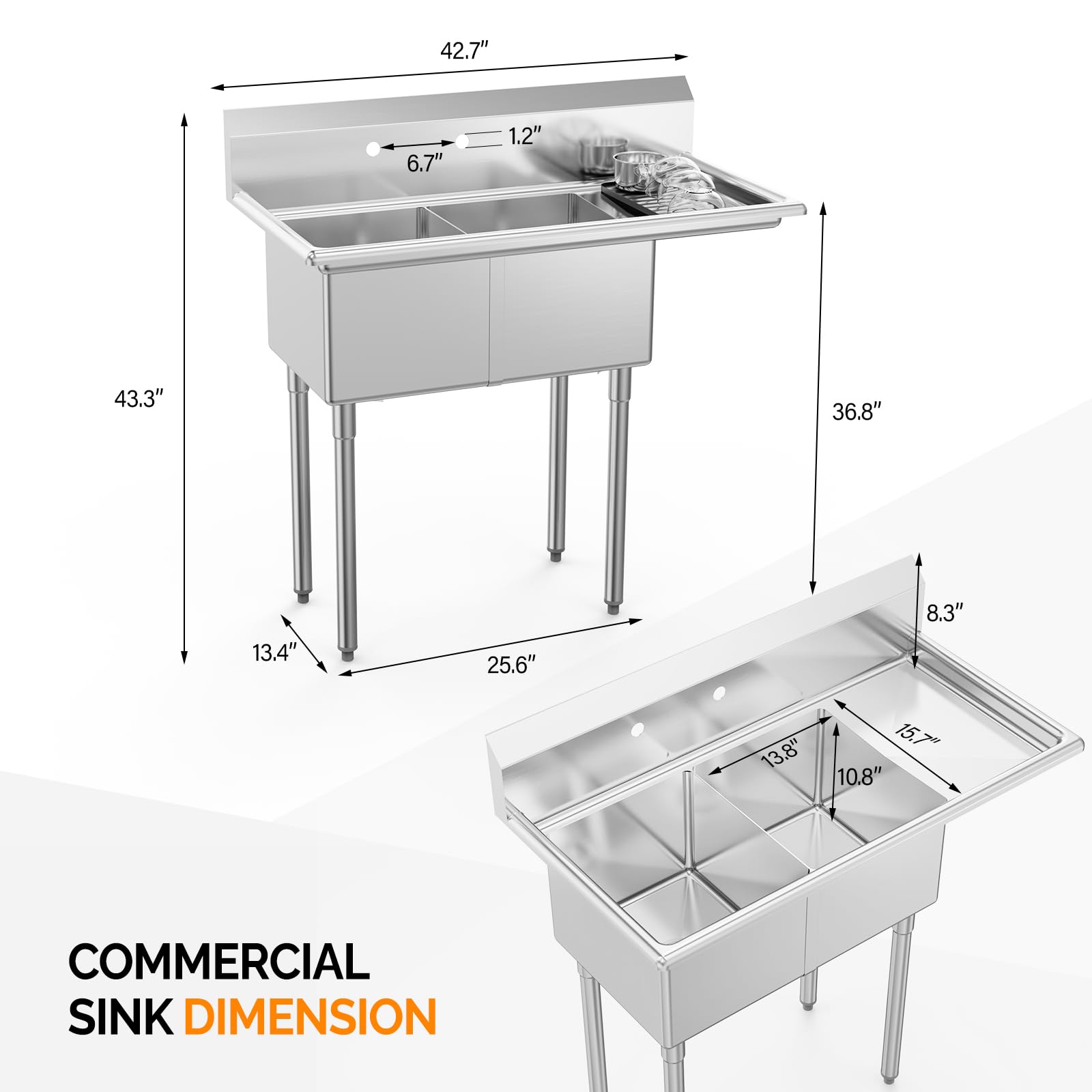 ROVSUN 43" x 20" 2 Compartment 304 Stainless Steel Sink with Right Side Drainboard