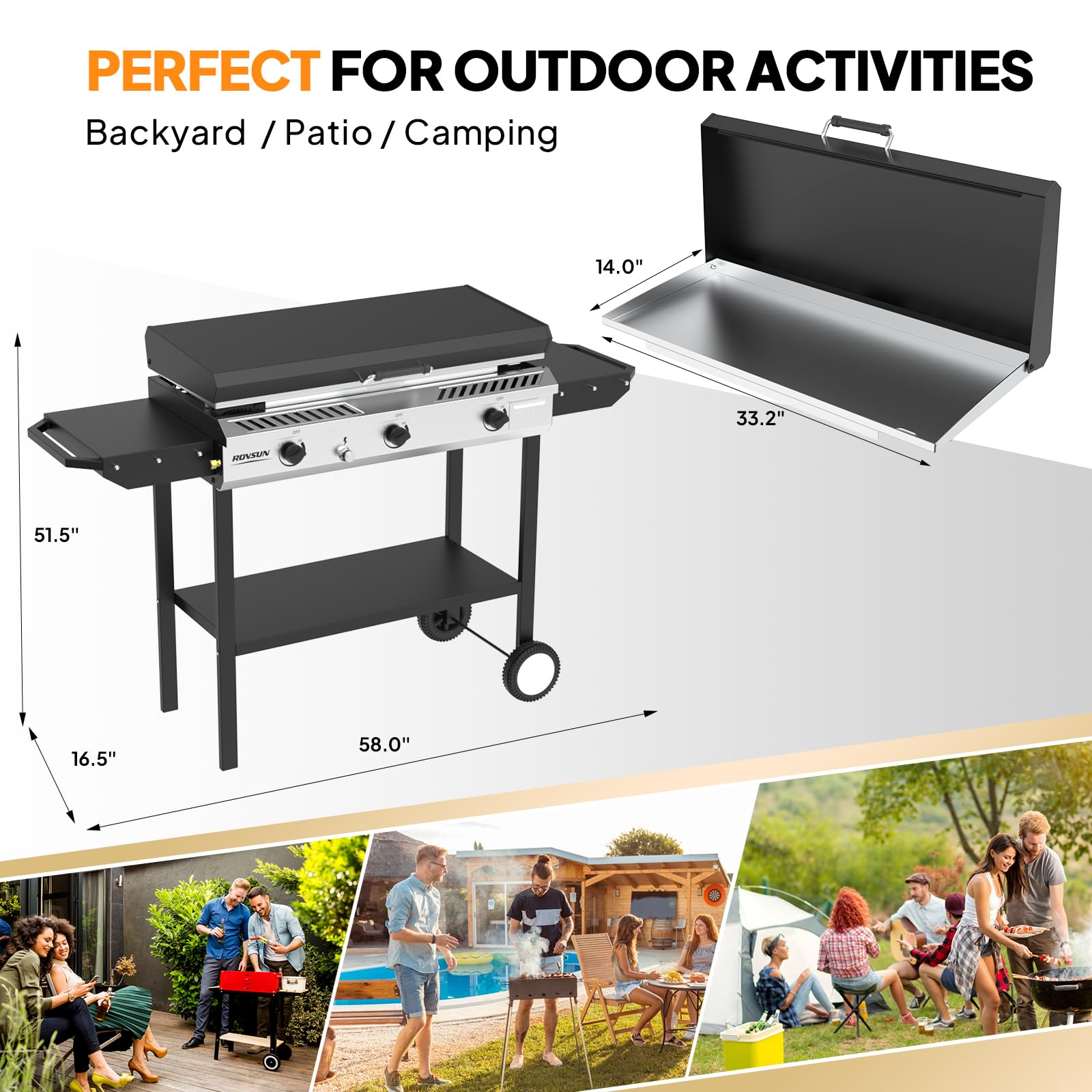ROVSUN 3 Burner 225,000 BTU Outdoor Gas Propane Stove with Griddle, Side Shelves & Wheels