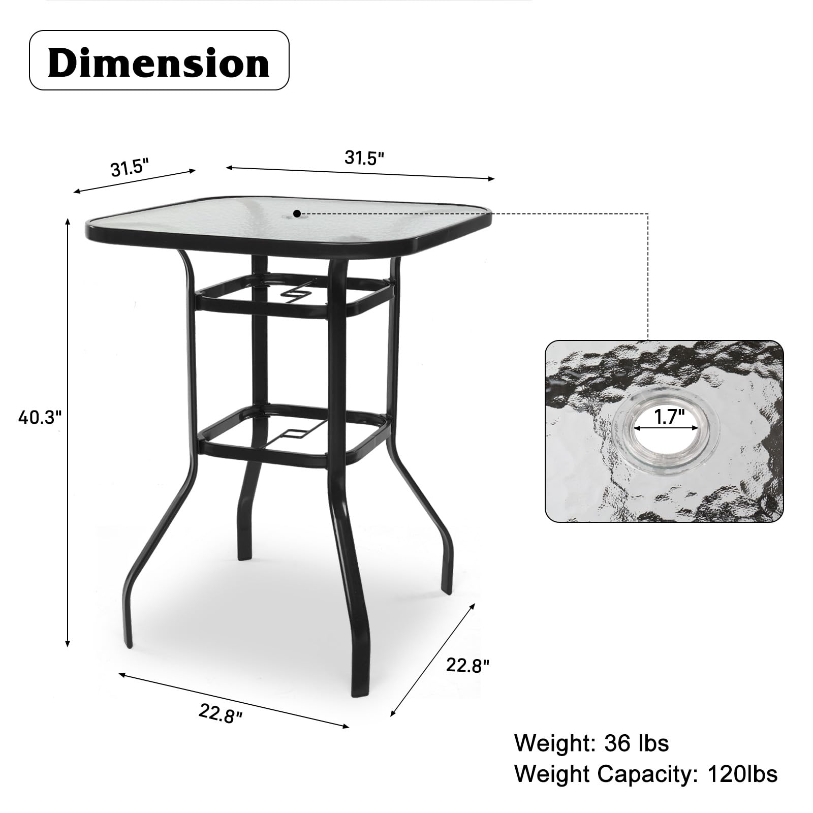 40" Outdoor Bar Table with Umbrella Hole Blcak
