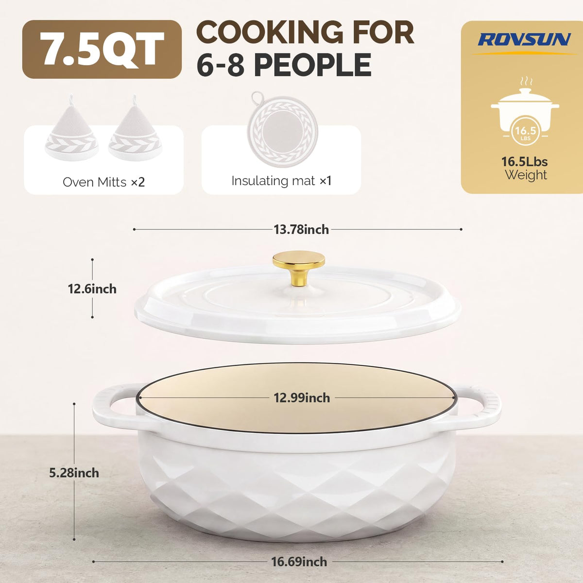 ROVSUN 7.5 QT Oval Enameled Cast Iron Dutch Oven Pot White