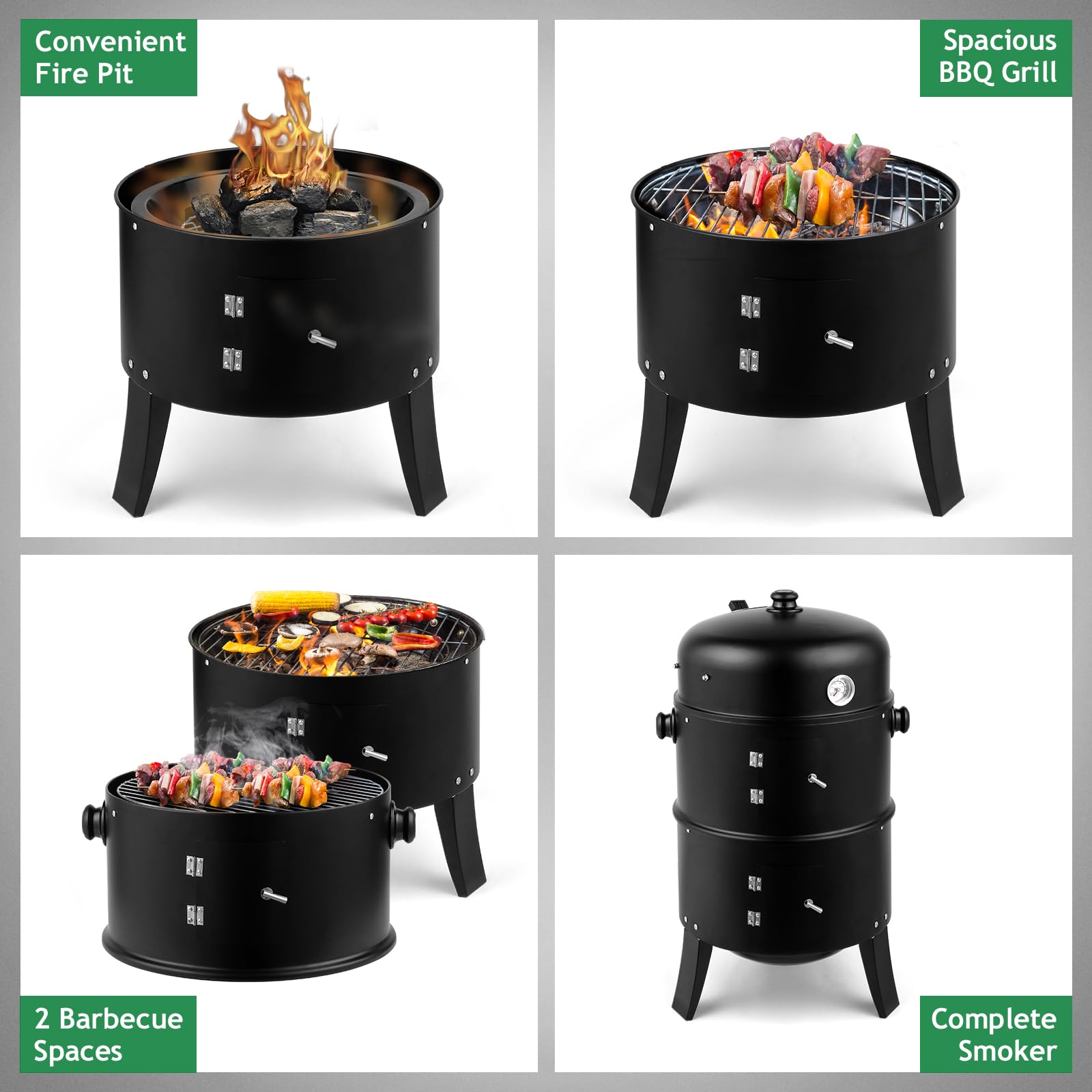 ROVSUN 17" 3-in-1 Portable Outdoor Grill Cooker with Built-in Thermometer