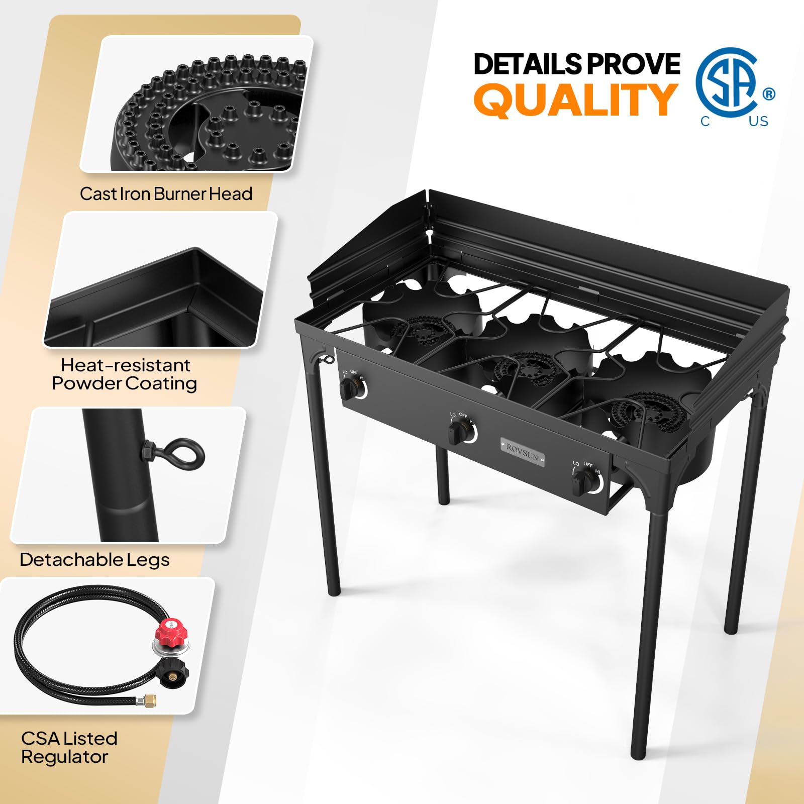 ROVSUN 3 Burner 225,000 BTU Outdoor Gas Propane Stove with Windpanel & Carrying Bag