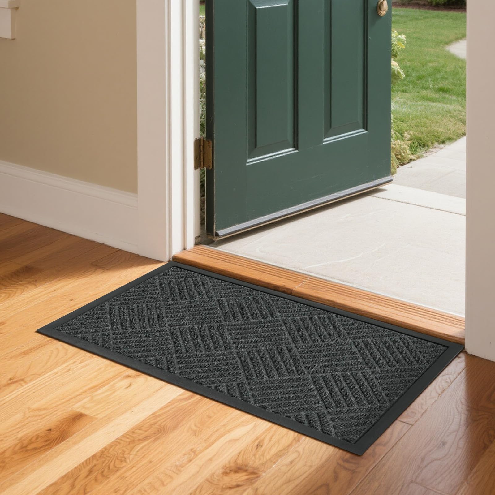 ROVSUN 29.5" × 17.7" Front Door Mat with Diamond Pattern Non-Slip Grey
