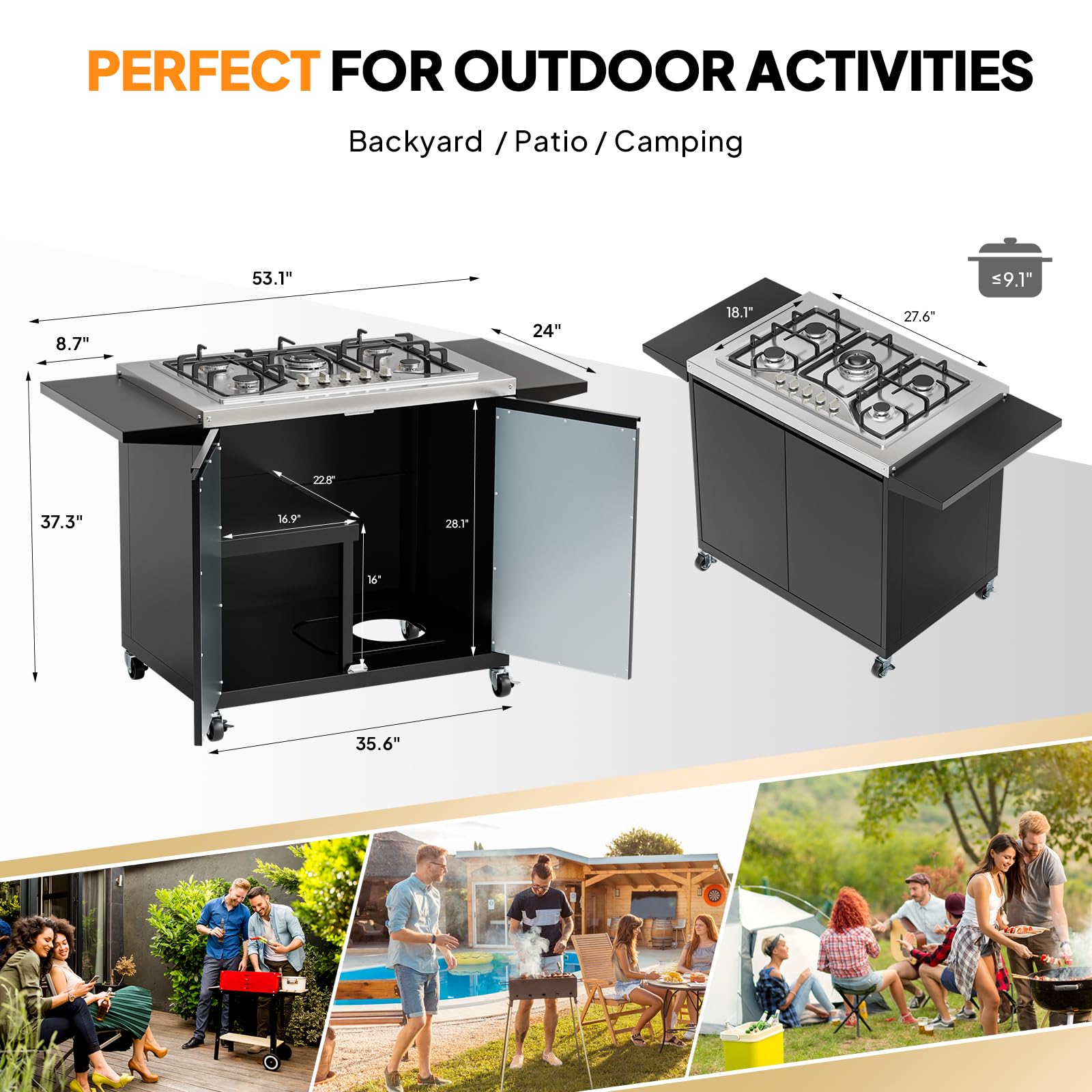 ROVSUN 5 Burner Propane Stove with Storage Cabinet & Side Shelves