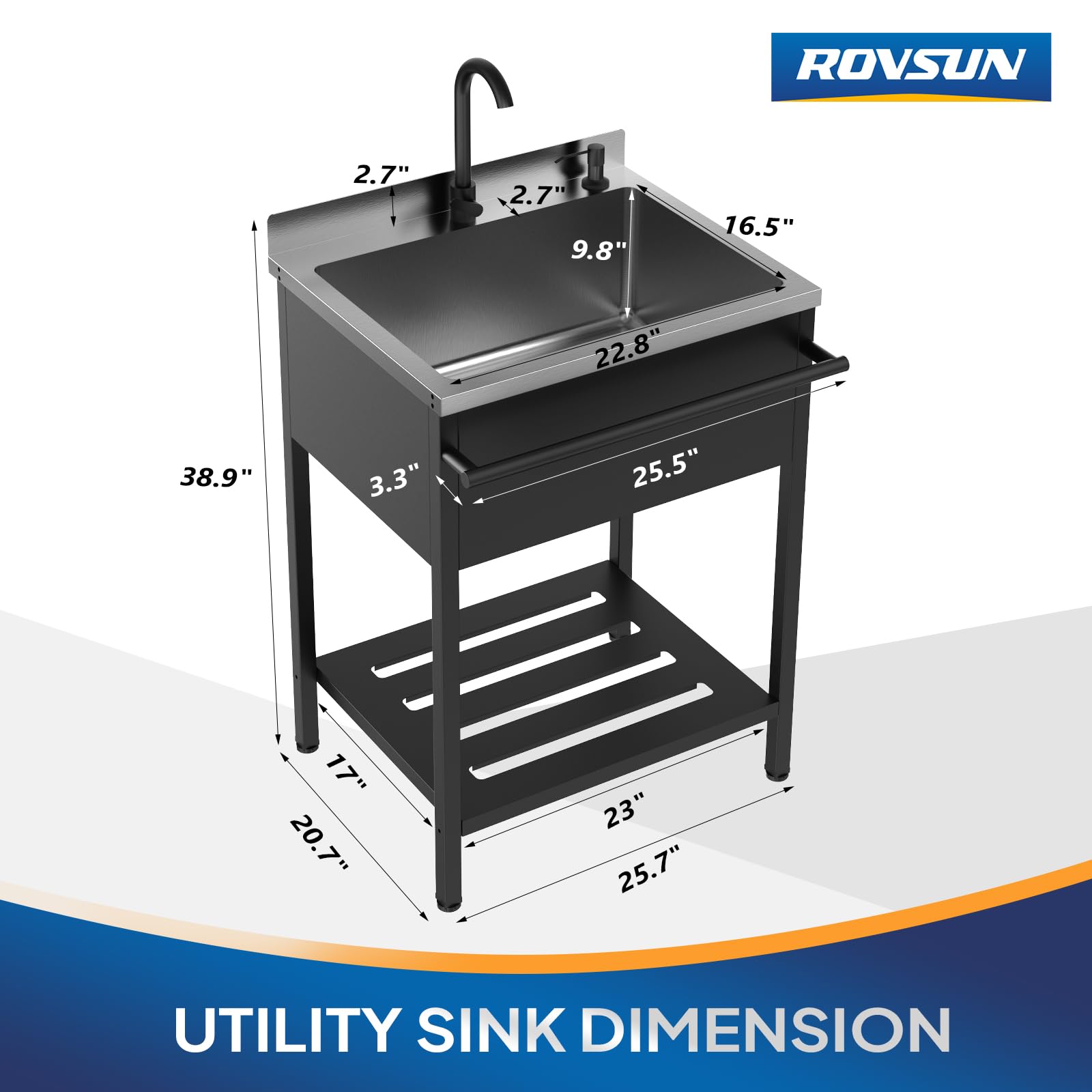 ROVSUN 26" x 21" Stainless Steel Utility Sink with Towel Rack