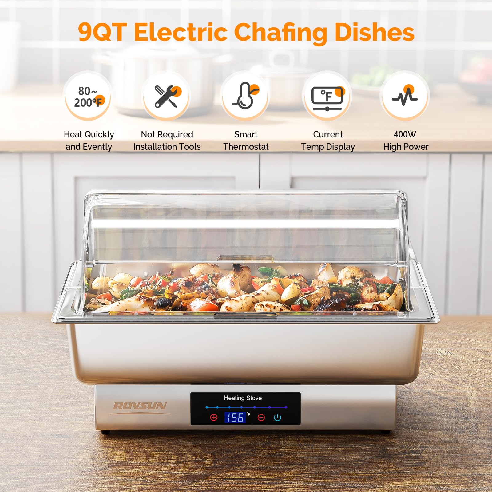 ROVSUN 9 QT Roll Top Electric Chafing Dish with PC Lid/Temp Control