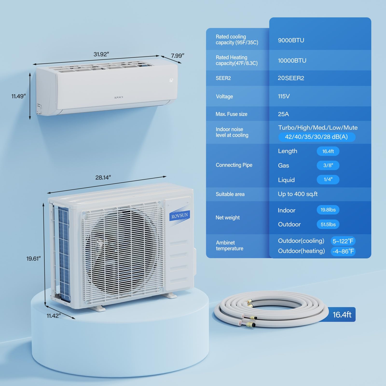ROVSUN 9000 BTU 20 SEER2 115V Mini Split AC with Heat Pump & 16Ft Kit