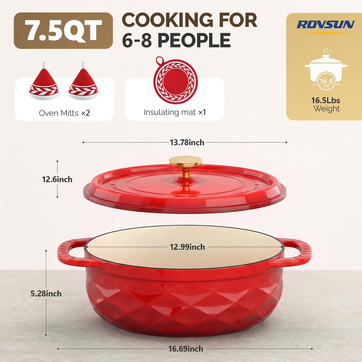 ROVSUN 7.5 QT Oval Enameled Cast Iron Dutch Oven Pot Red