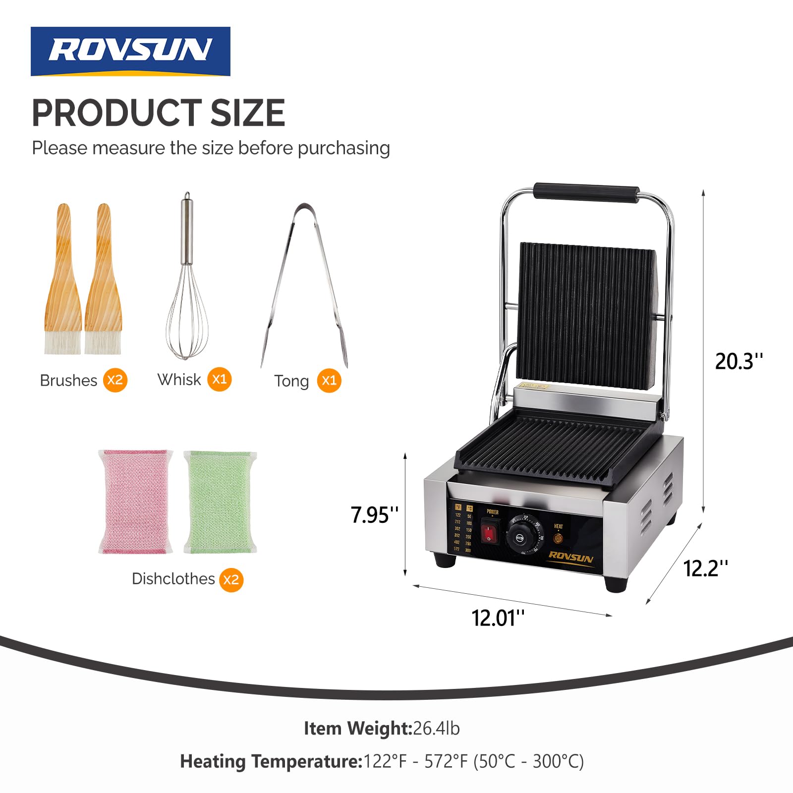 ROVSUN 12" 1800W 110V Commercial Panini Press Grill with Adjustable Temp