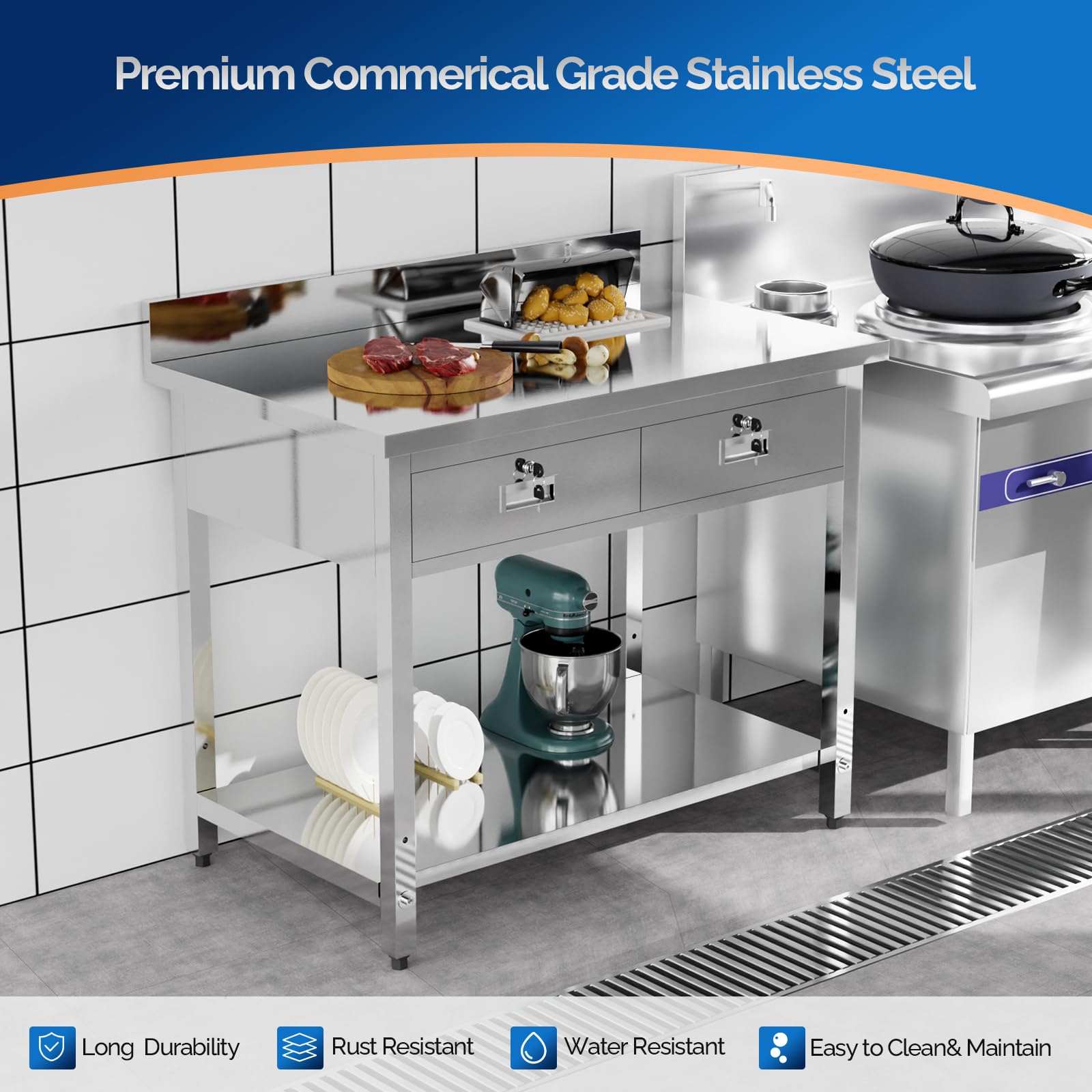 ROVSUN 42" x 26" Stainless Steel Work Table with 2 Drawers