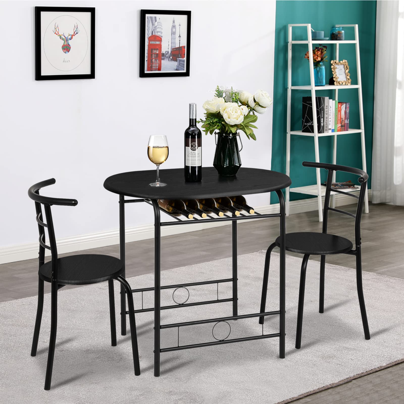 VINGLI 3 Piece Dining Set Wooden Table and 2 Chairs Black