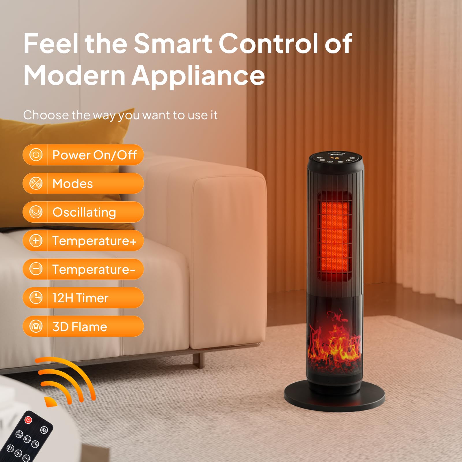 25"H 1500W 120V Electric Space Heater with Remote Black