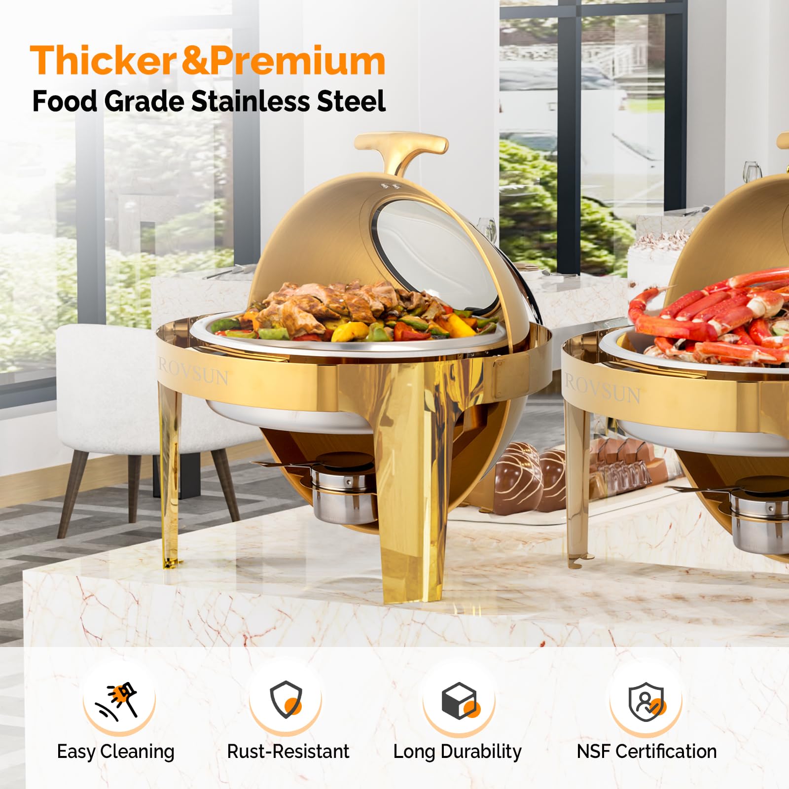 ROVSUN 6 QT Roll Top Round Gold Chafing Dish Set with Visible Window
