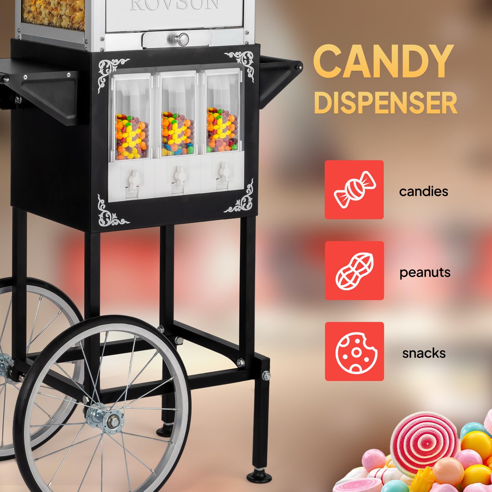 ROVSUN 8 oz Black Popcorn Machine with Cart & Candy Dispenser