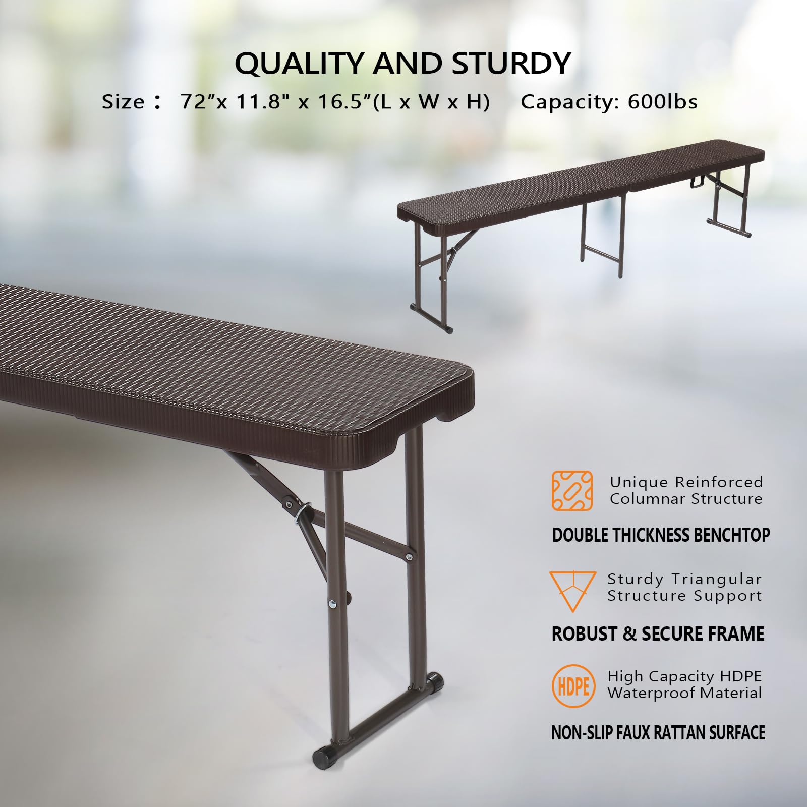 VINGLI 6 Feet Plastic Folding Bench Outdoor Picnic Party Seat Brown
