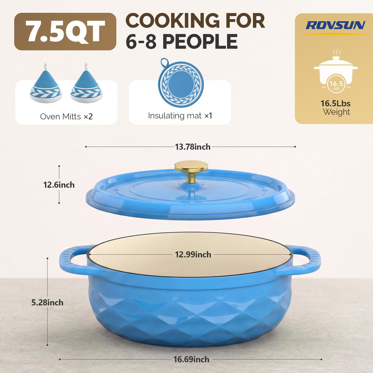 ROVSUN 7.5 QT Oval Enameled Cast Iron Dutch Oven Pot Blue