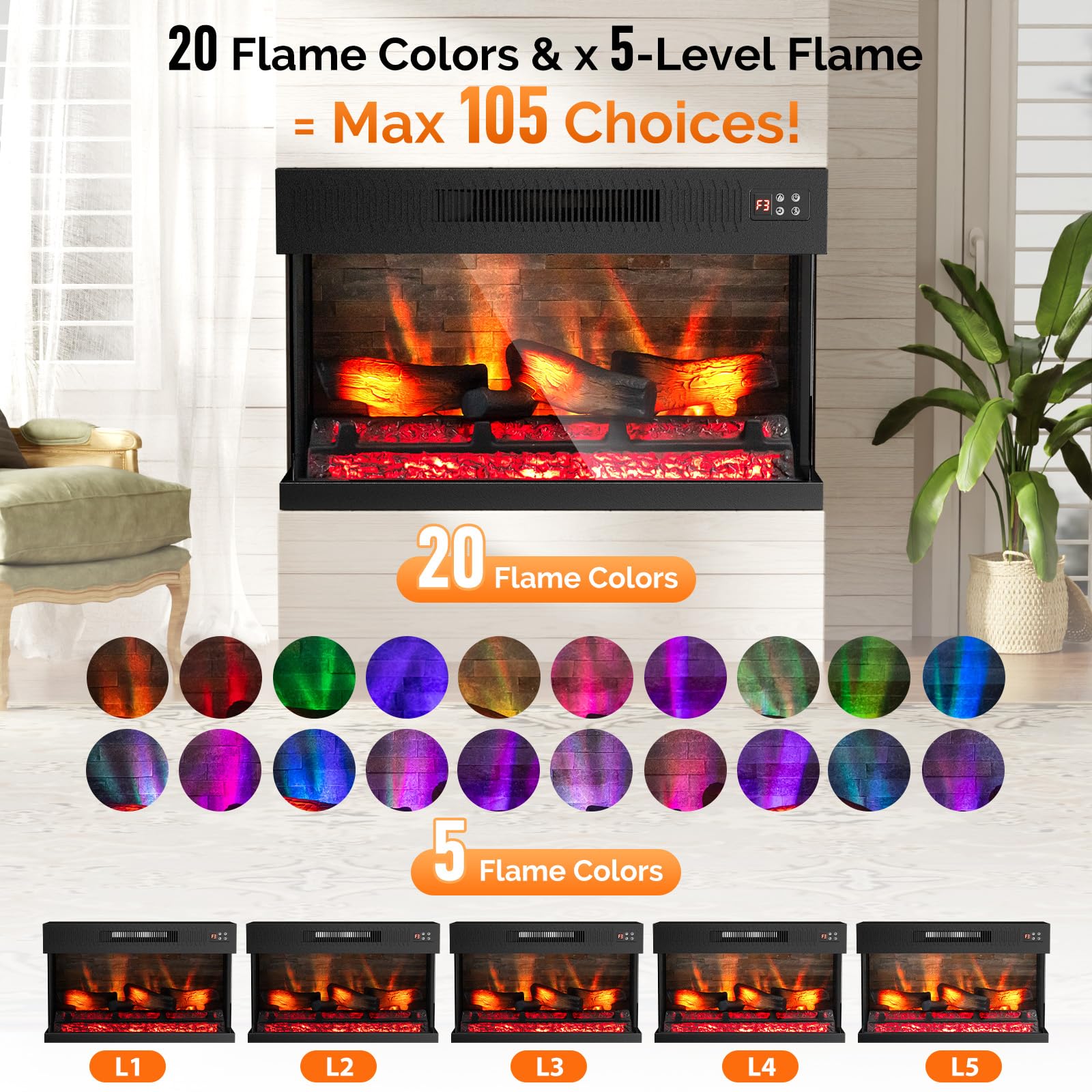 ROVSUN 28" 1400W 120V Electric Fireplace Insert with Remote Control