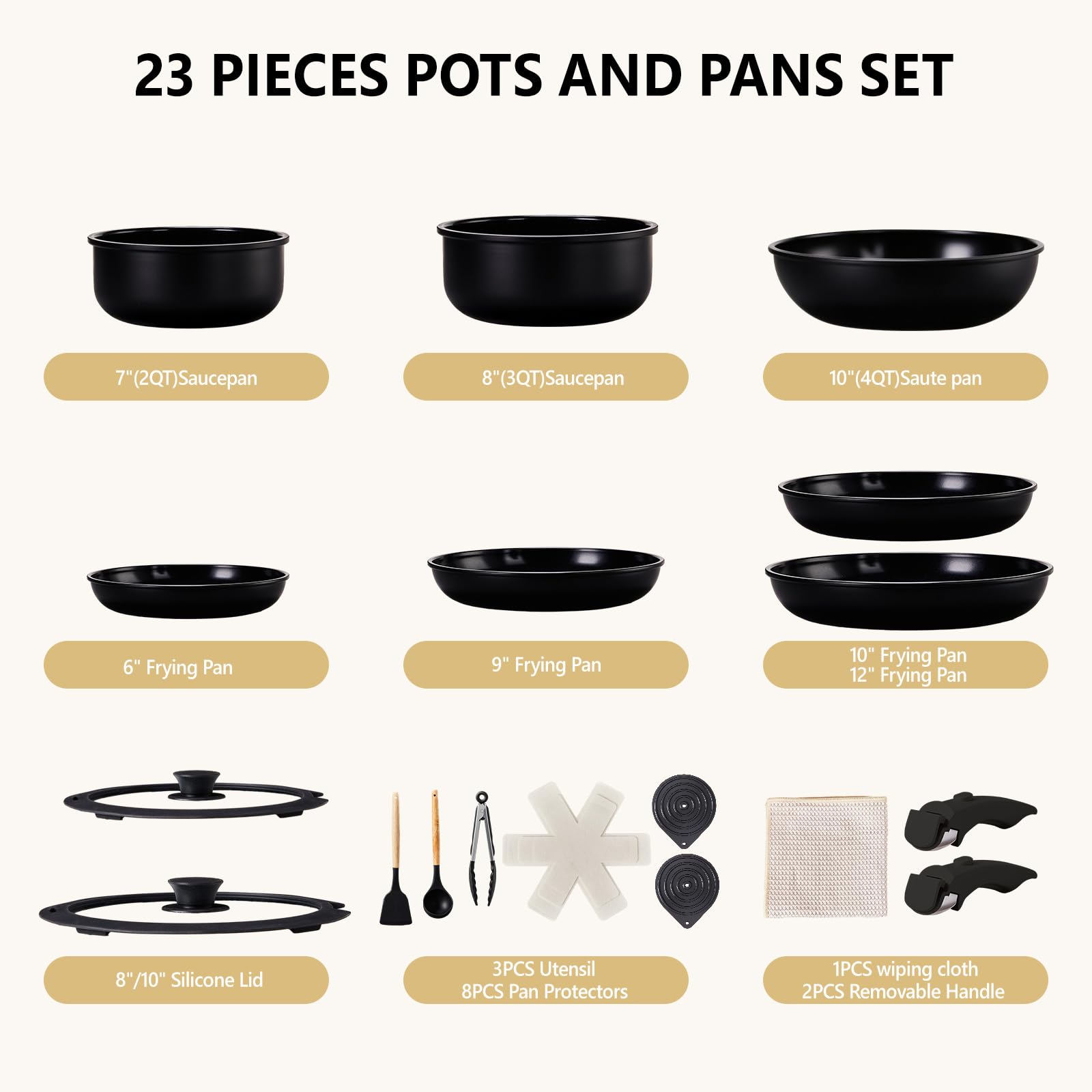 ROVSUN 23 Pcs Nonstick Pots and Pans Set with Detachable Handles