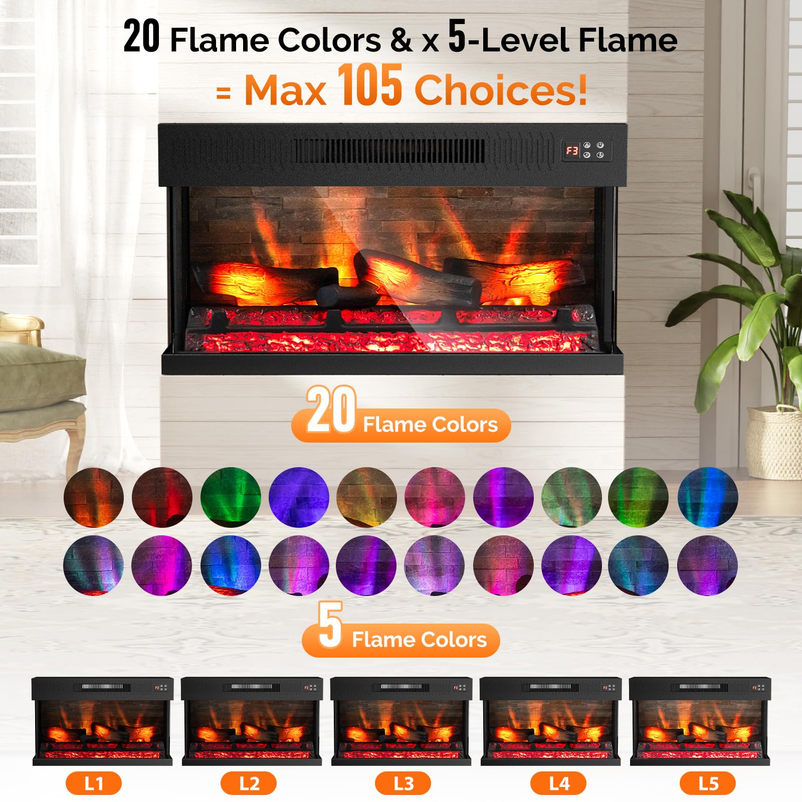 ROVSUN 36" 1400W 120V Electric Fireplace Insert with Remote Control